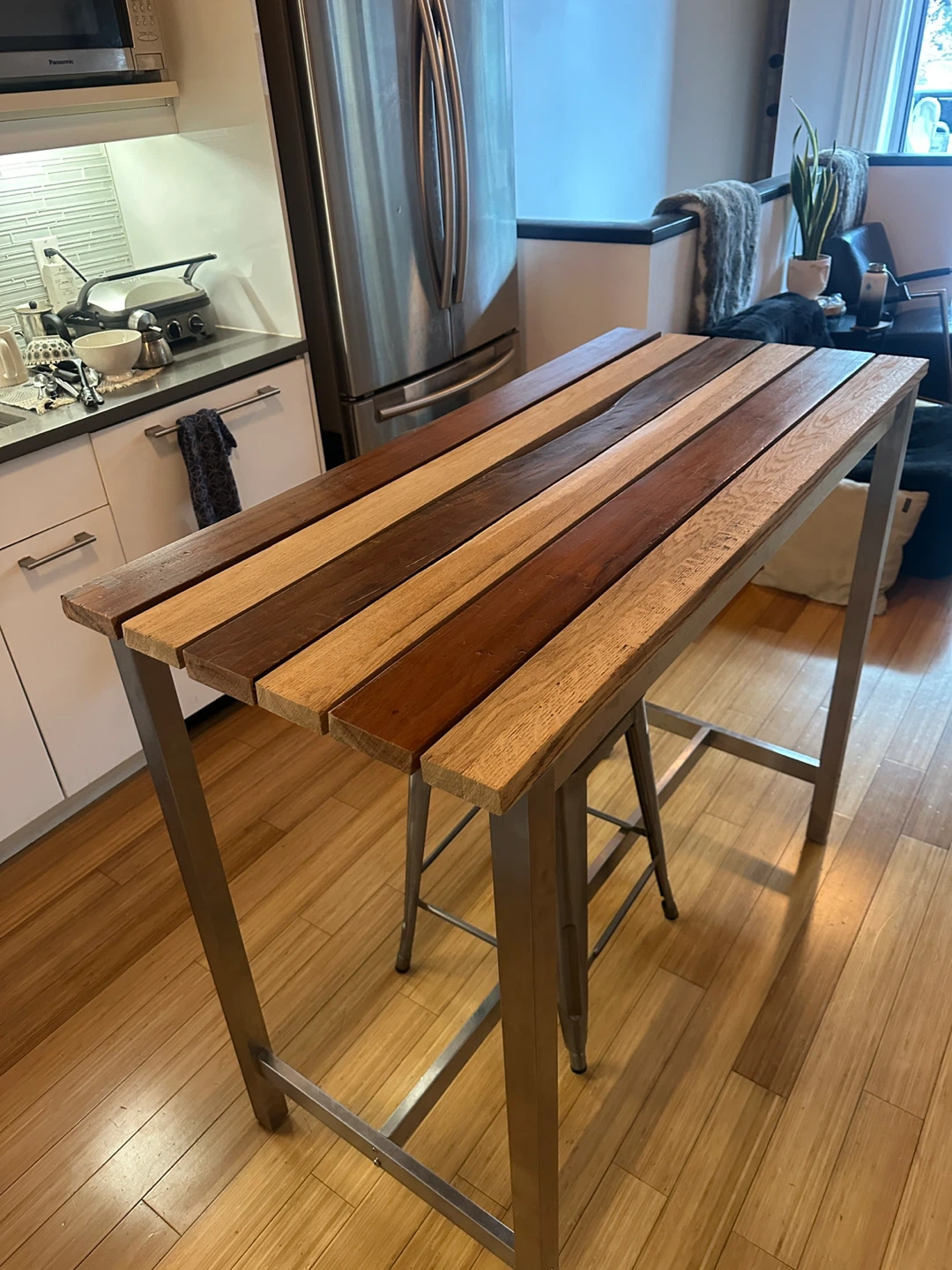 MODERN TEAK WHITE OAK KITCHEN ISLAND BAR HEIGHT TABLE SS STEEL - photo 3