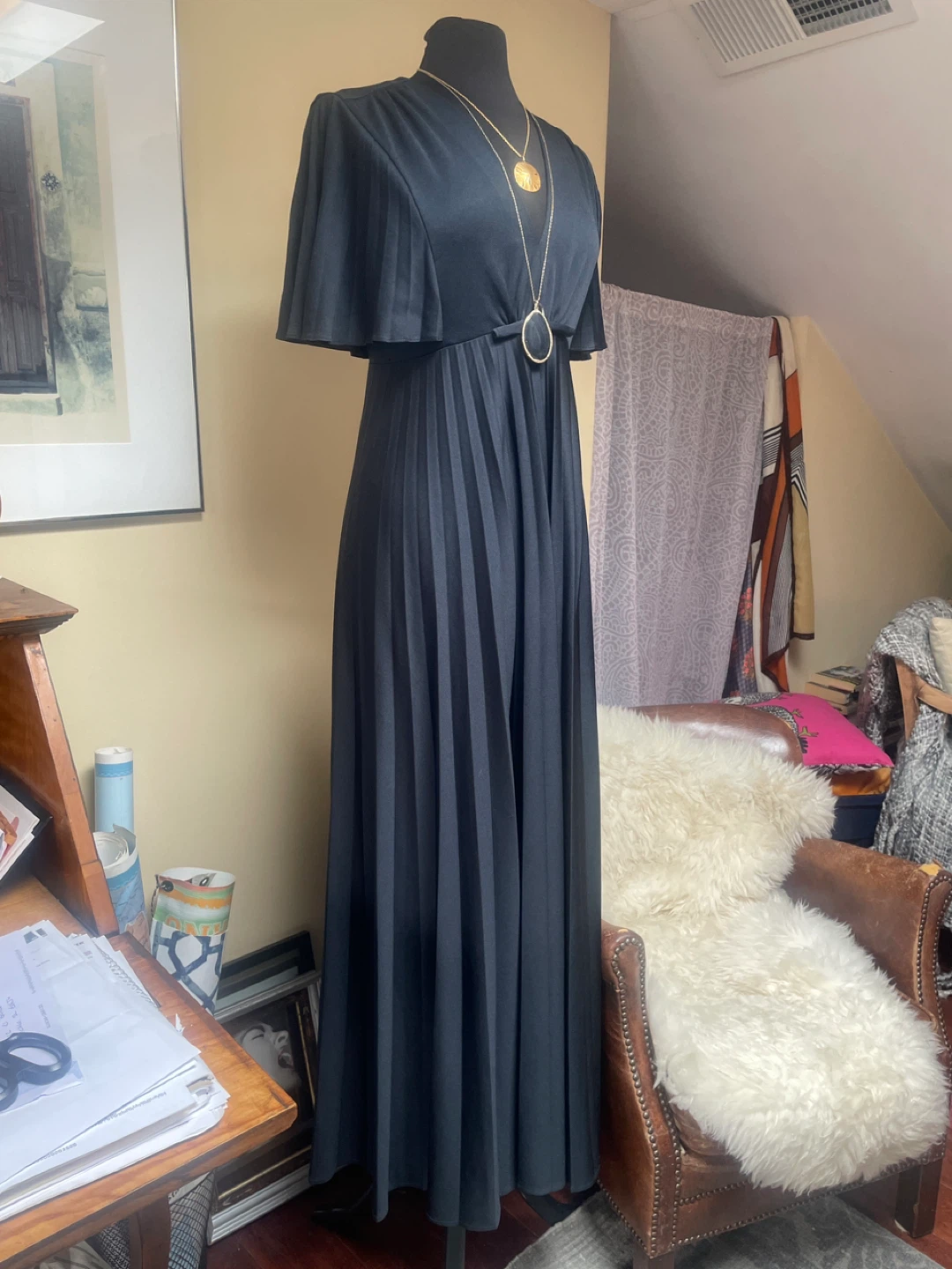 Black Pleated Maxi Dress with Capelet Sleeves