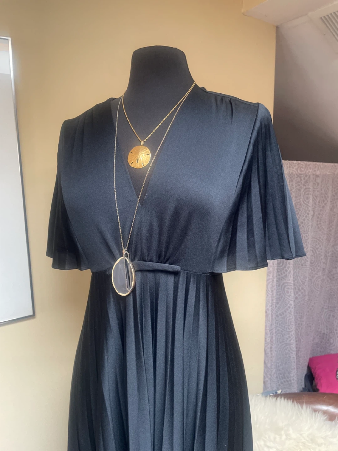 Black Pleated Maxi Dress with Capelet Sleeves - photo 3