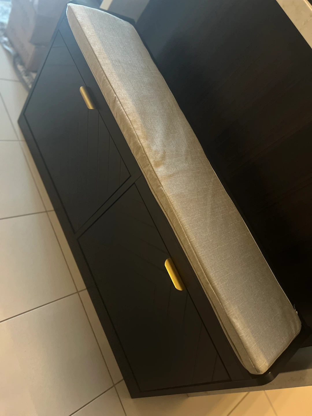 Black Shoe Cabinet with Grey Upholstered Bench Top