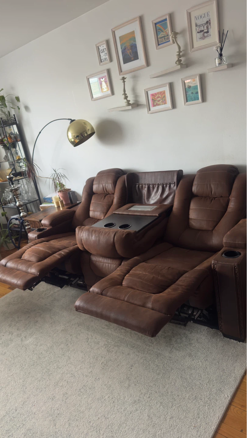 Brown Faux Leather Recliner Sofa with Cup Holders and Storage - photo 3