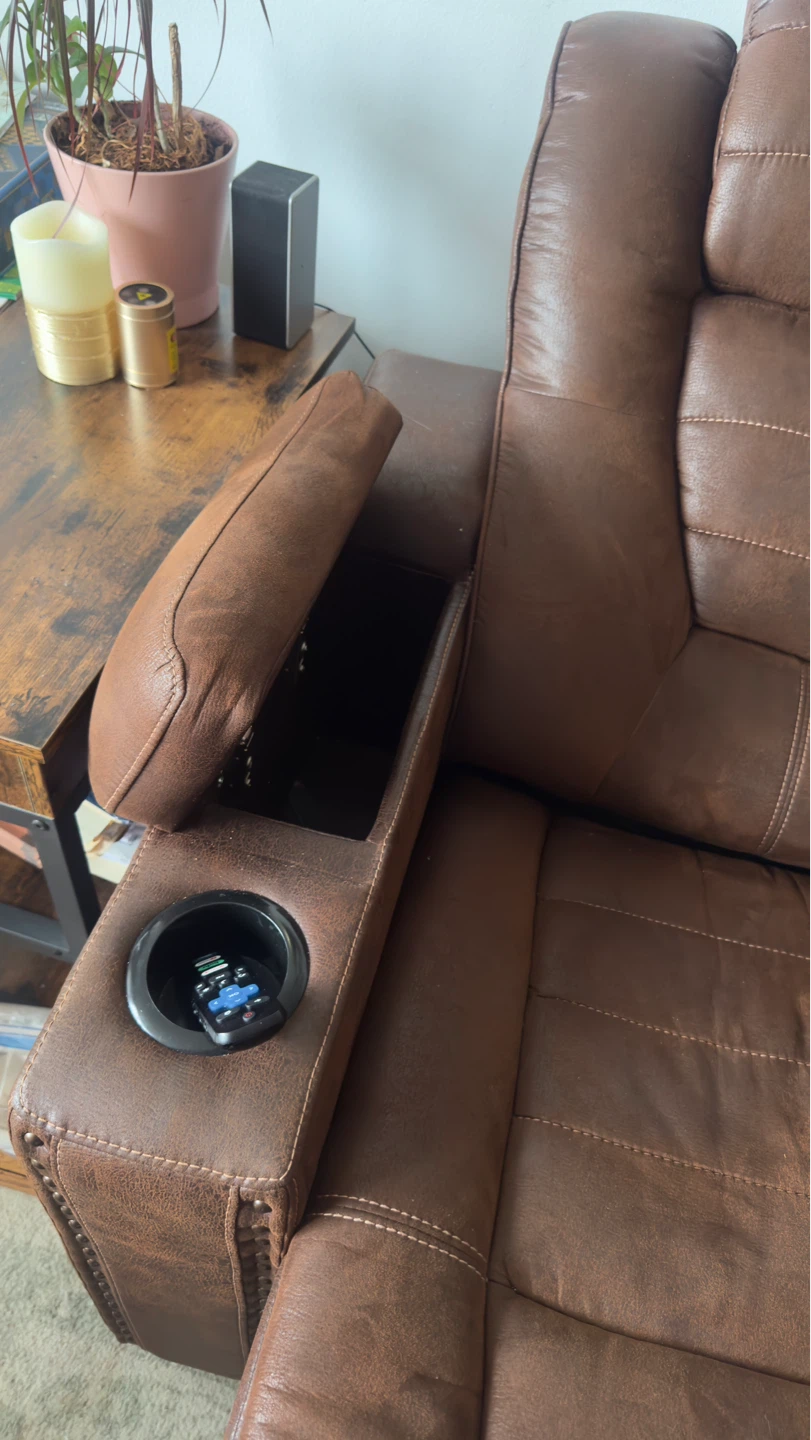 Brown Faux Leather Recliner Sofa with Cup Holders and Storage - photo 4