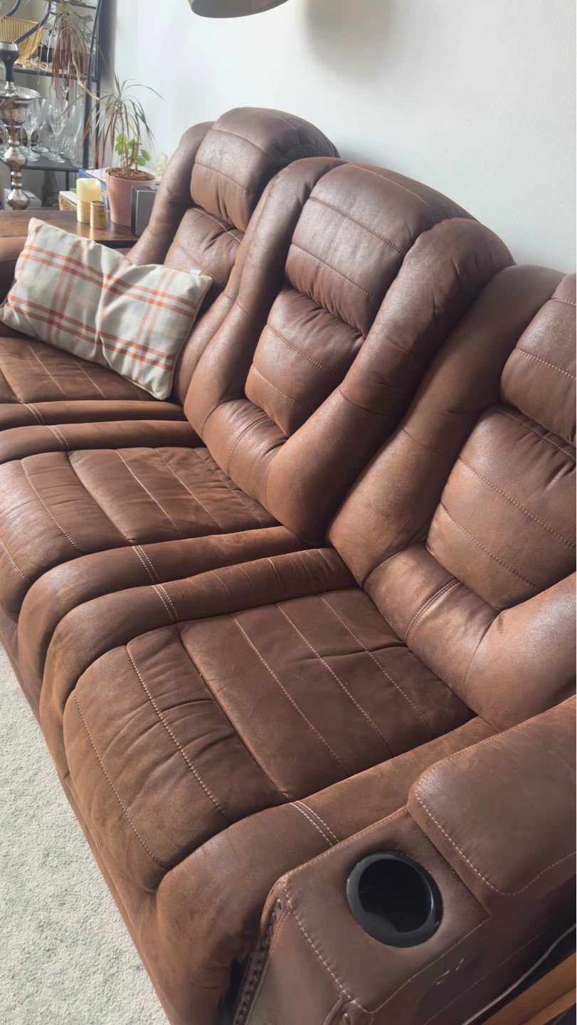 Brown Faux Leather Recliner Sofa with Cup Holders and Storage - photo 2