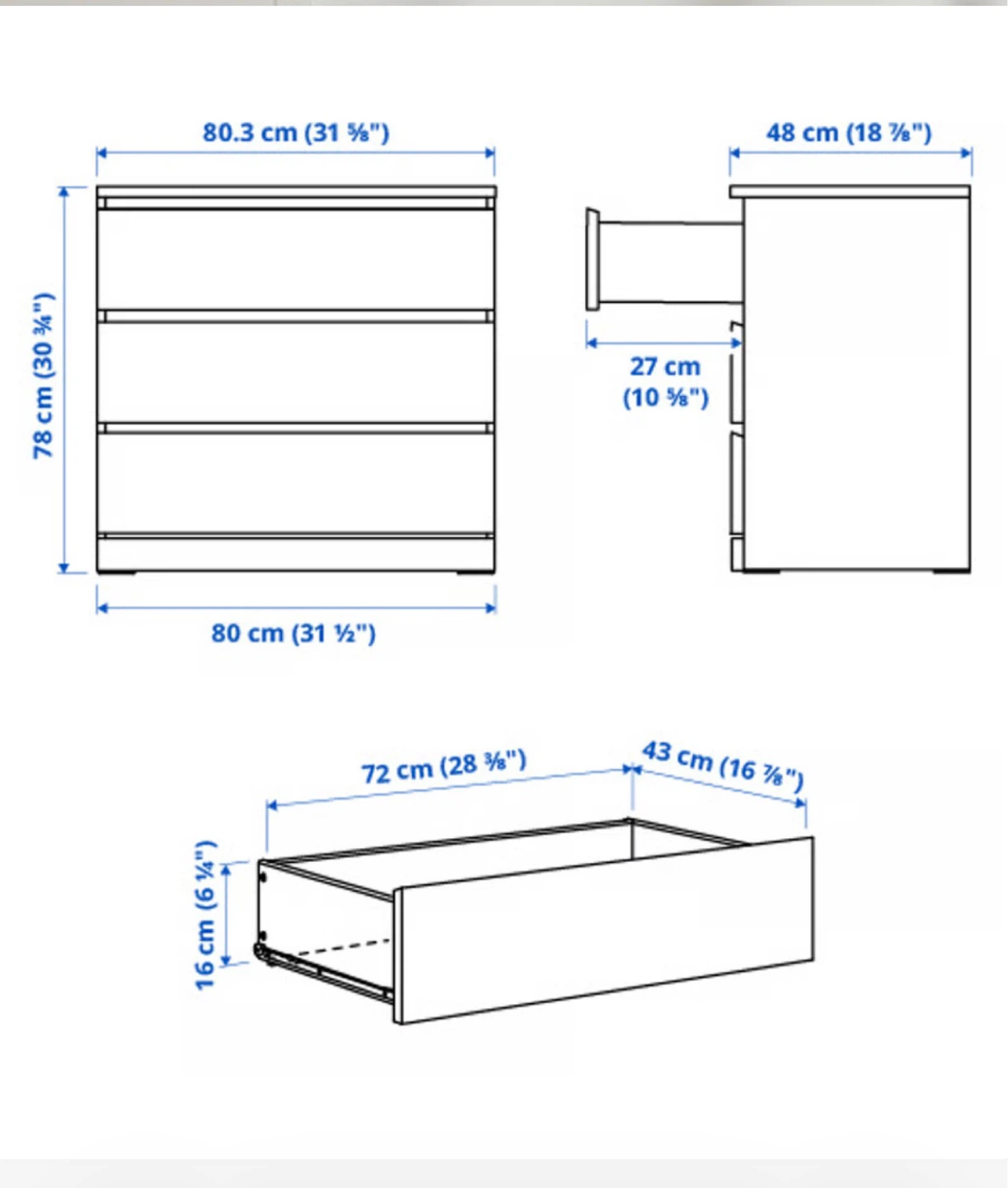 IKEA MALM 3-Drawer Chest - White - photo 2