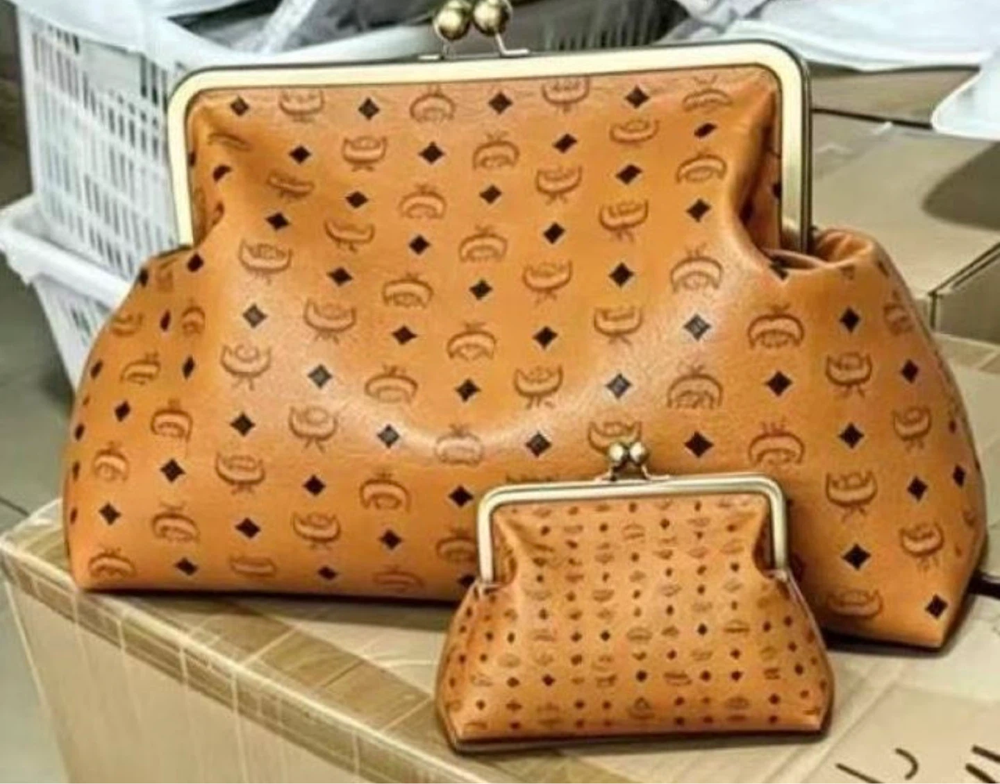 MCM Cognac Monogram Kiss Lock Clutch Set