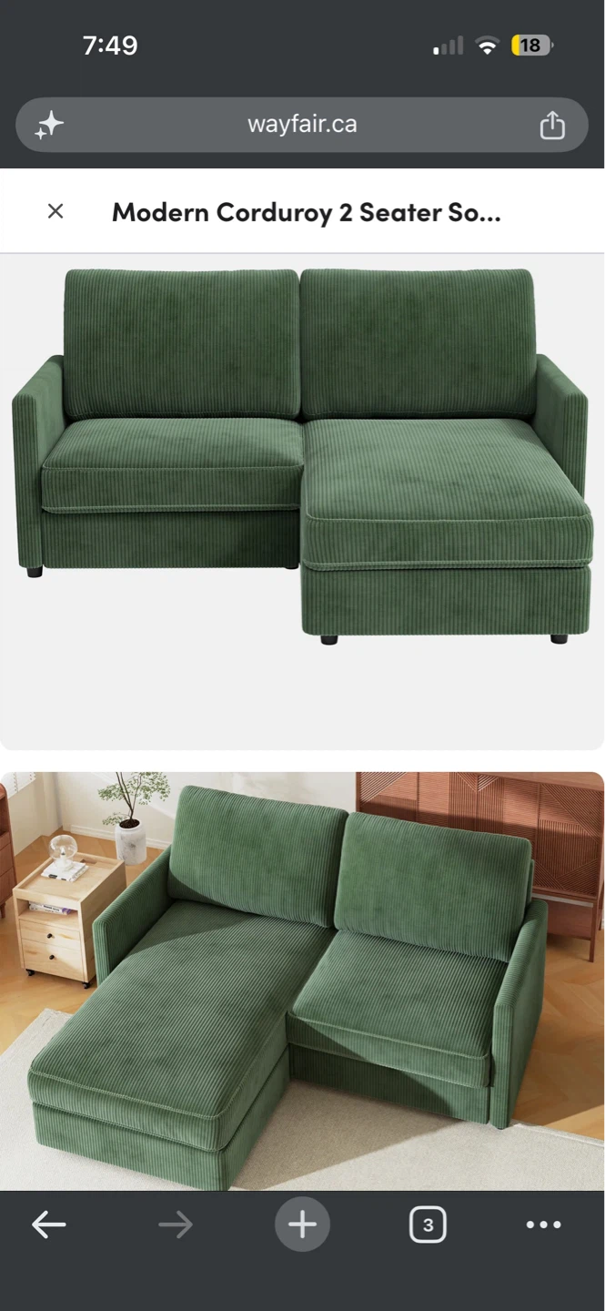 Green Corduroy L-Shaped Sectional Sofa