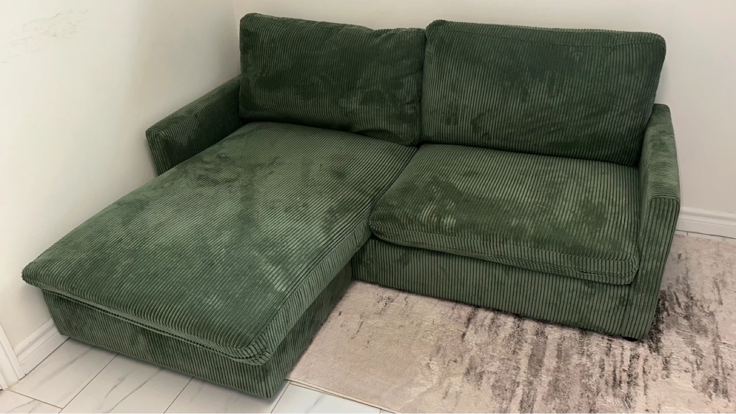 Green Corduroy L-Shaped Sectional Sofa - photo 2