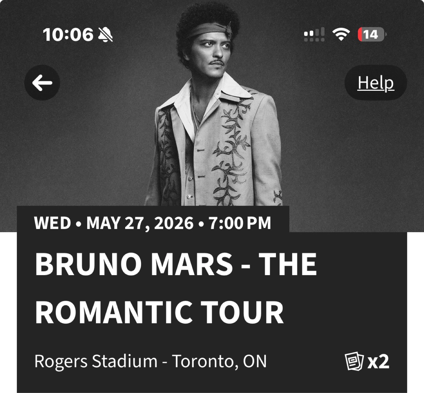 2 FLOOR SEATS Bruno Mars The Romantic Tour Ticket - May 27, 2026