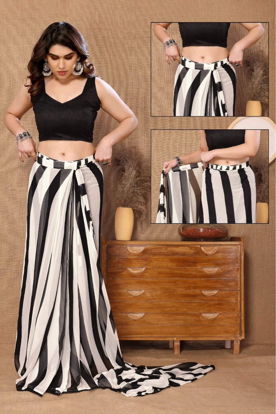 Women's Striped One Minute Saree