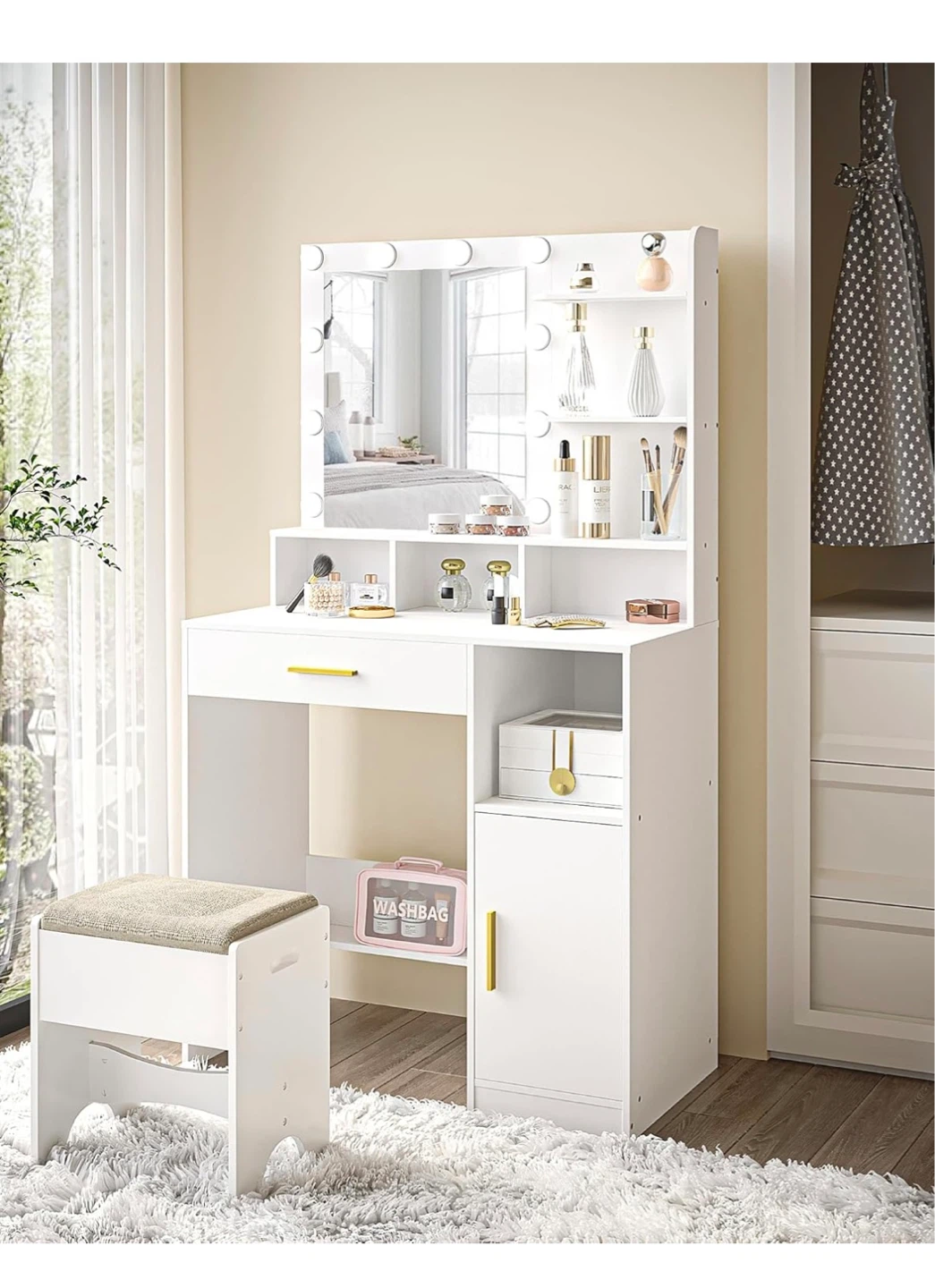 White Vanity Desk with Mirror and Lights