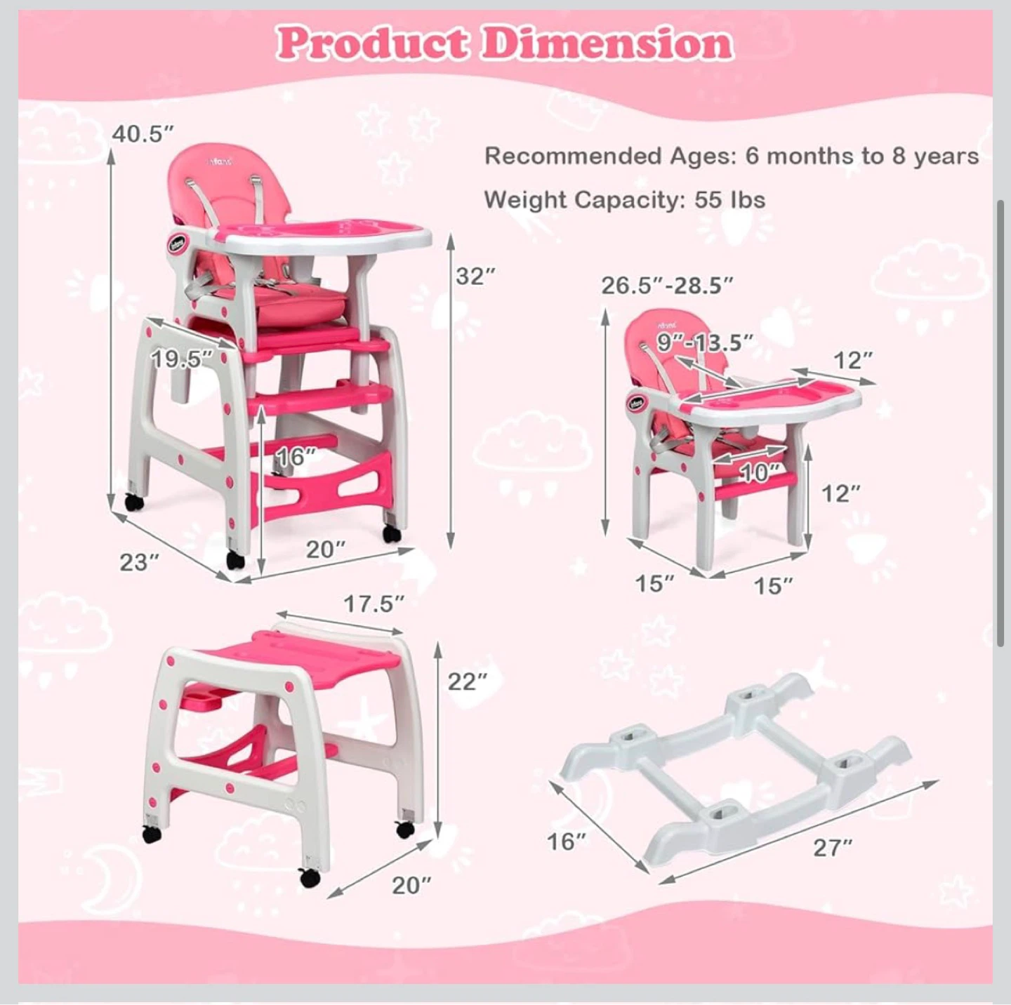 5in1 Baby High Chair Convertible  Table Chair Set Pink TP1 - photo 3