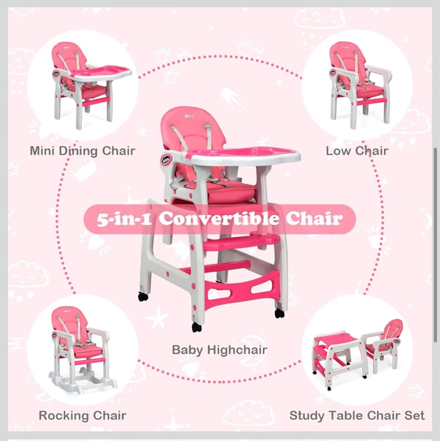 5in1 Baby High Chair Convertible  Table Chair Set Pink TP1 - photo 4