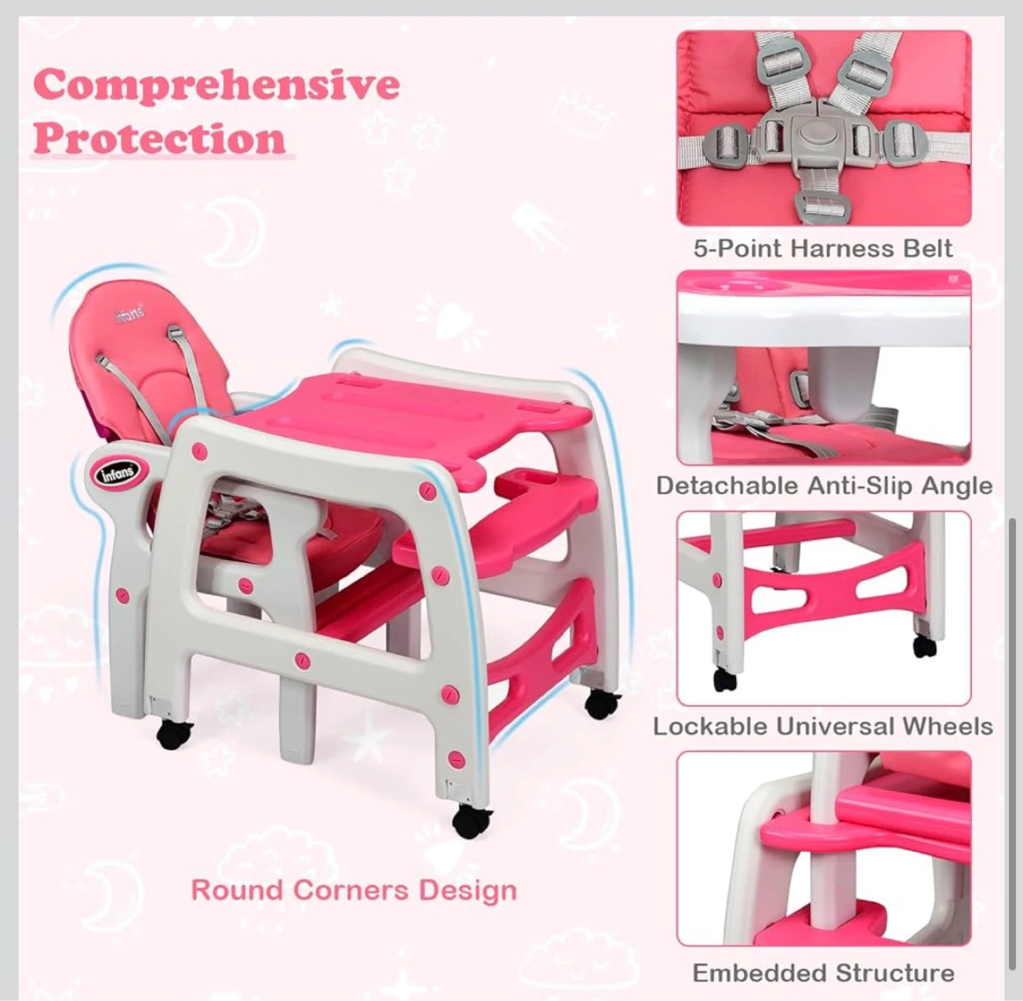 5in1 Baby High Chair Convertible  Table Chair Set Pink TP1 - photo 5