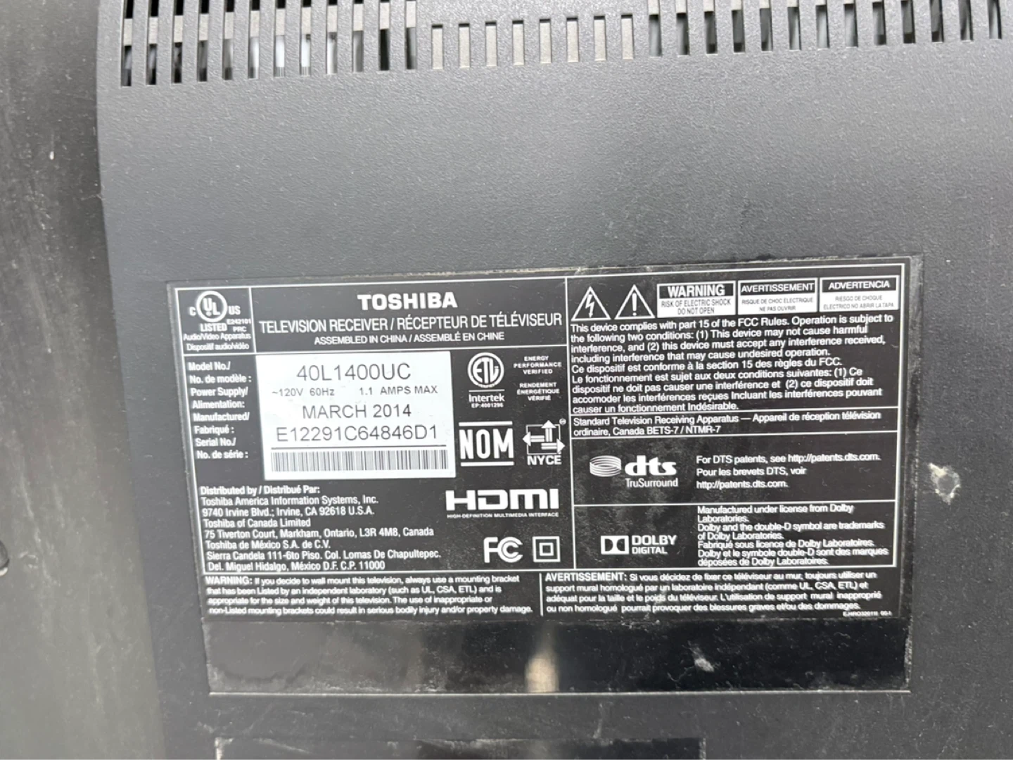 Toshiba 40L1400UC Television - photo 2