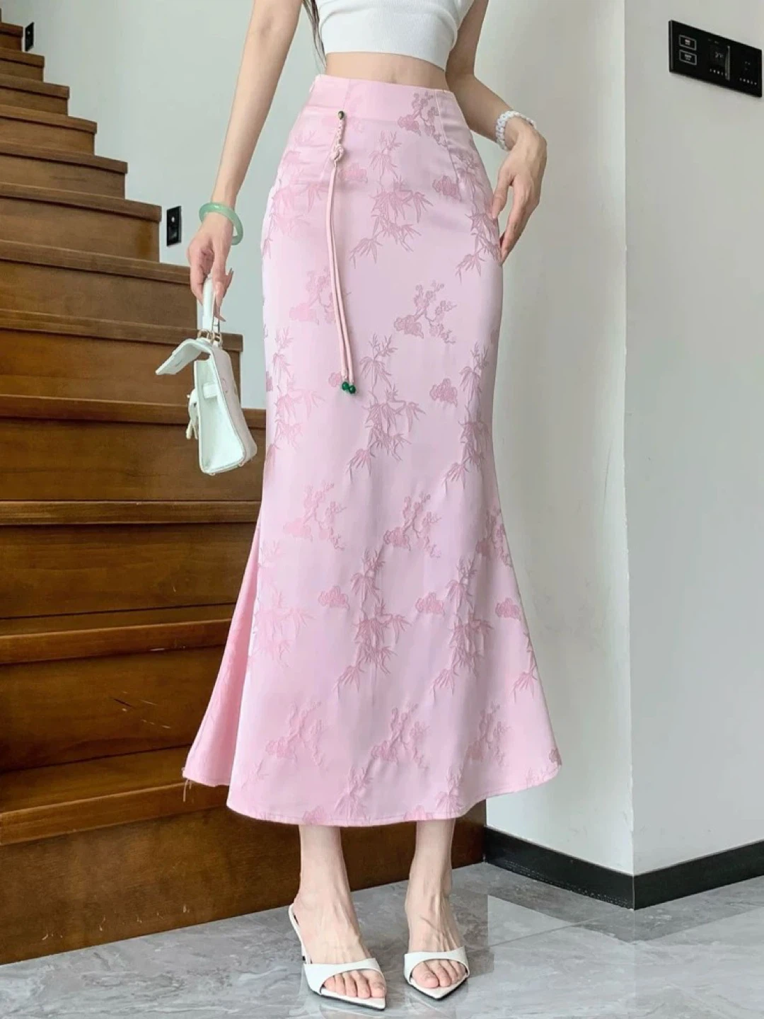 Pink Brocade Mermaid Maxi Skirt Size S