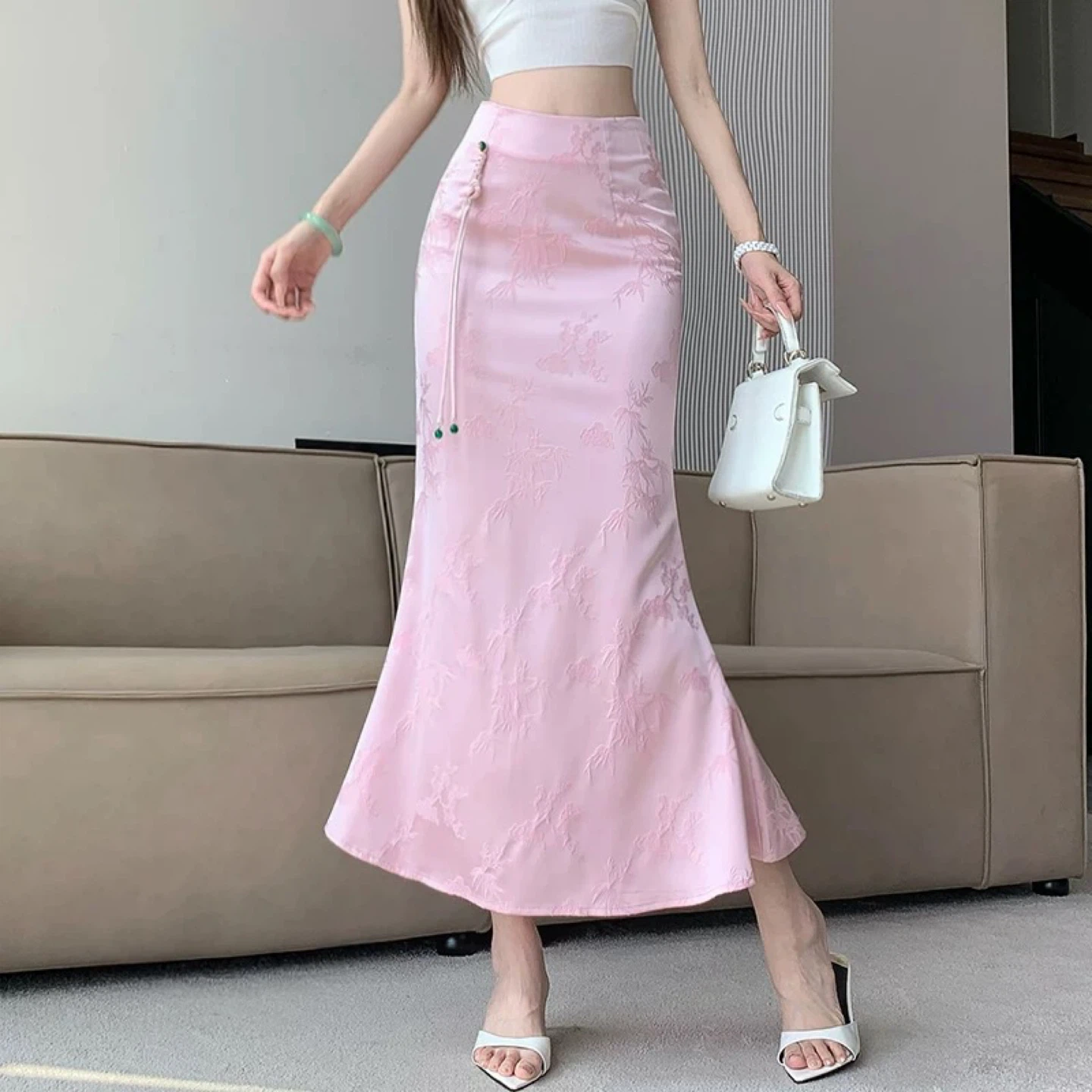 Pink Brocade Mermaid Maxi Skirt Size S - photo 2