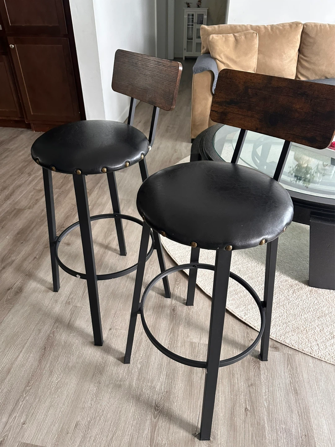 Set of 2 Black Faux Leather Bar Stools with Wood Backs