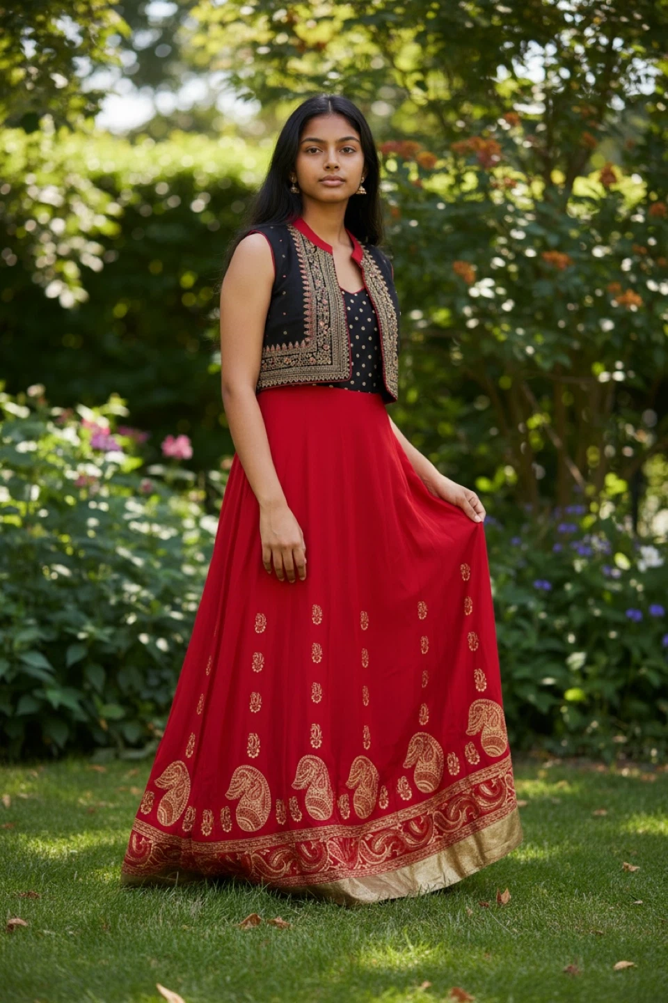 Sabhyata  Red & Black Paisley Print Maxi Dress with Vest