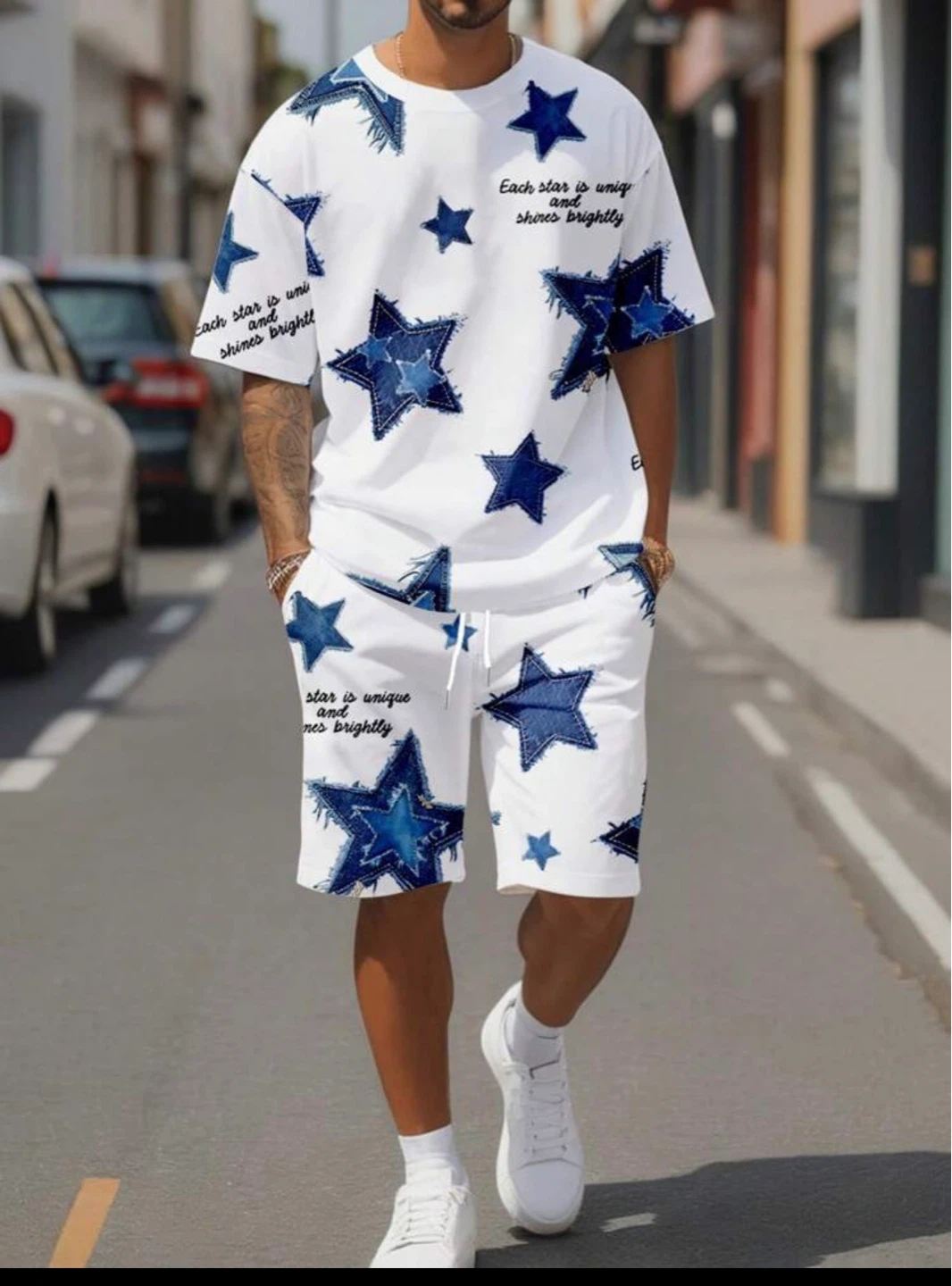 White Star Print T-Shirt and Shorts Set