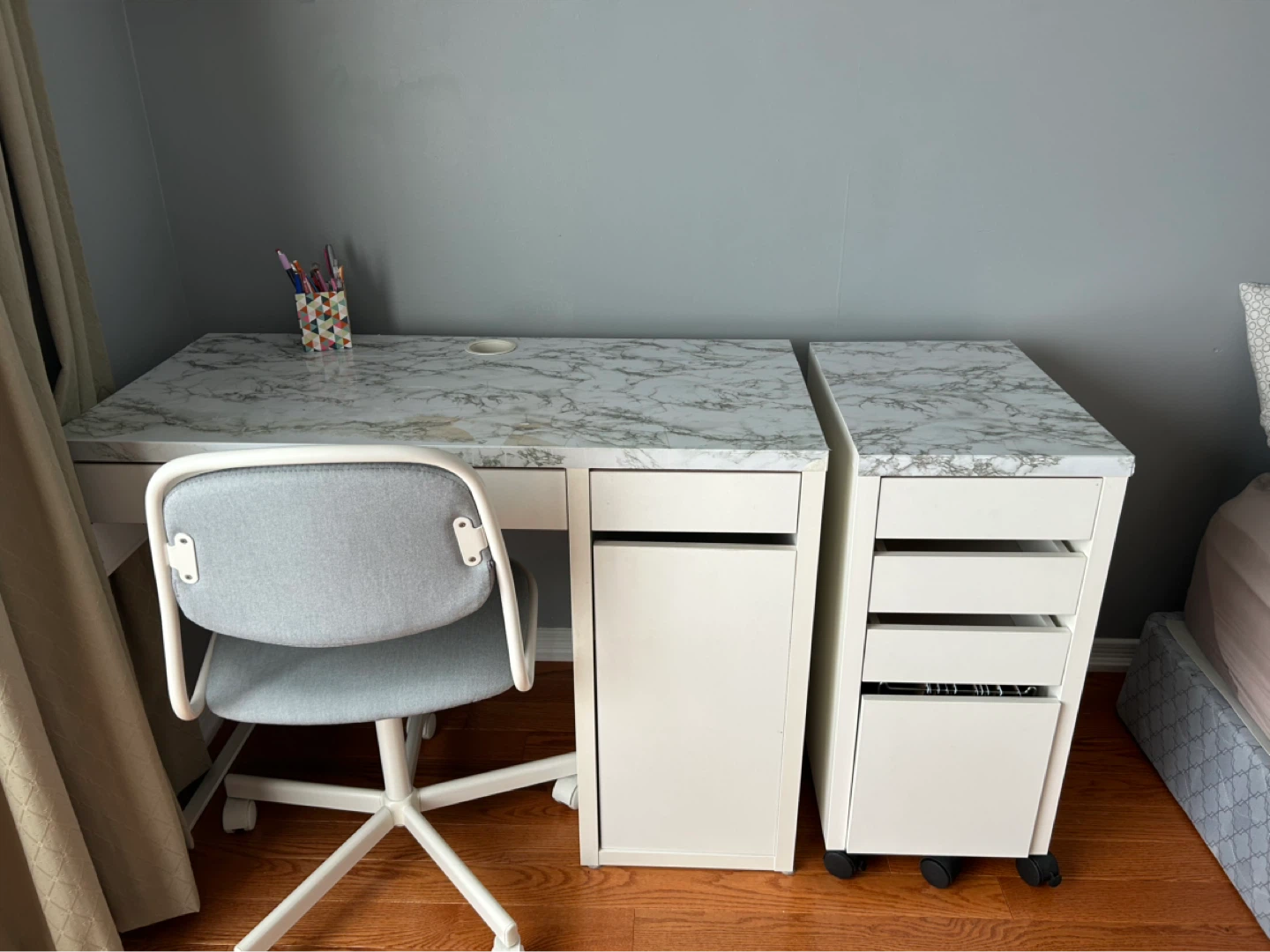 IKEA White Desk and Rolling Storage Cabinet