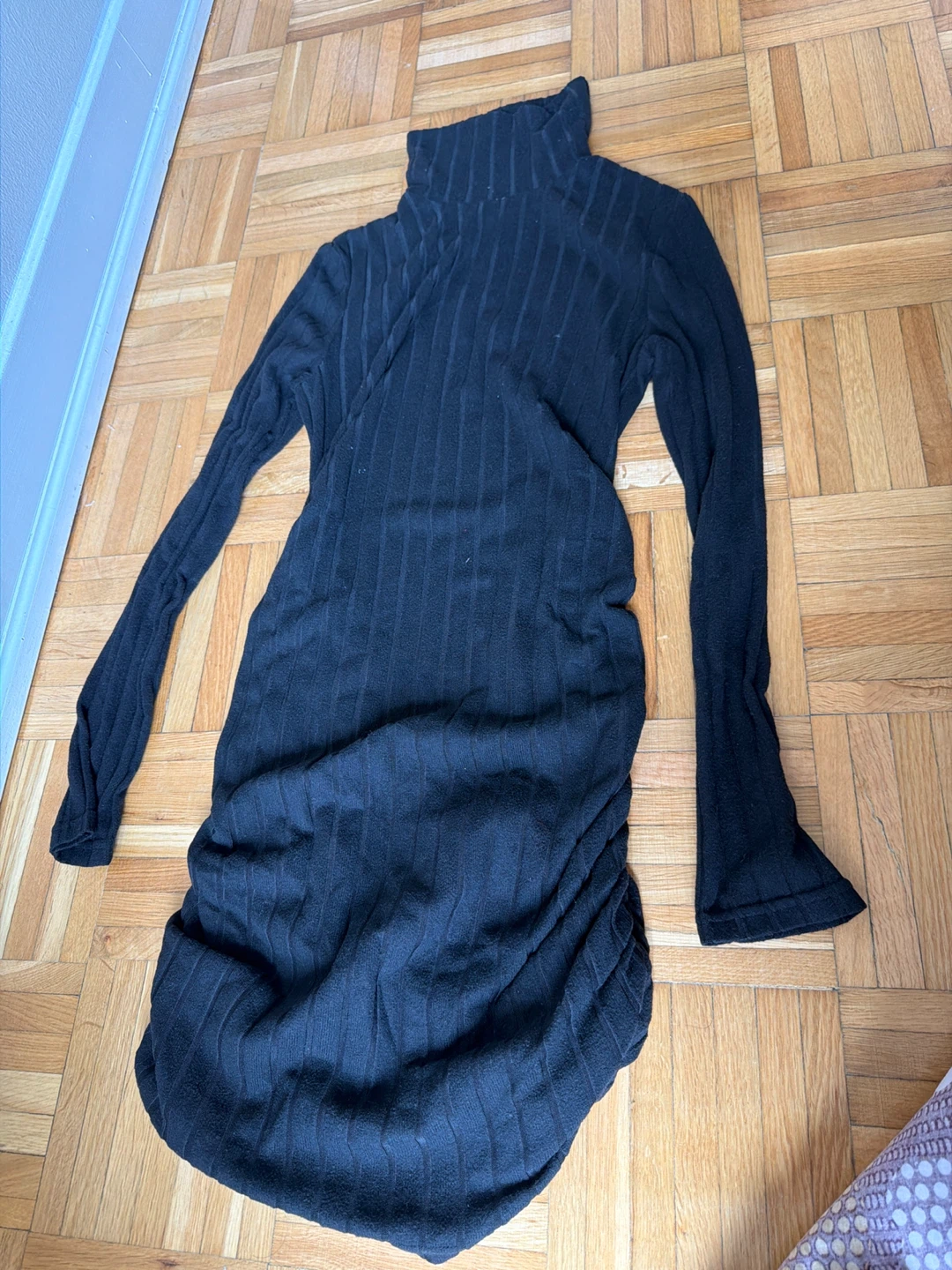 Black Ribbed Turtleneck Dress with Ruched Detailing - photo 2