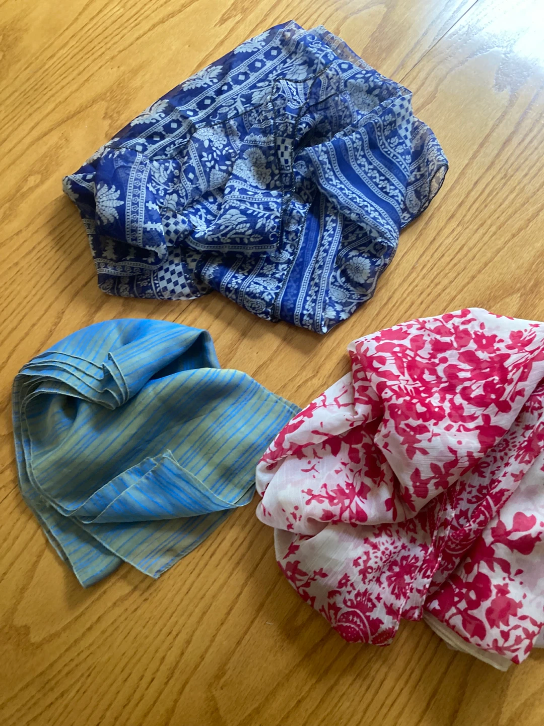 3 Scarves: Blue Floral, Blue Striped, and Pink Floral