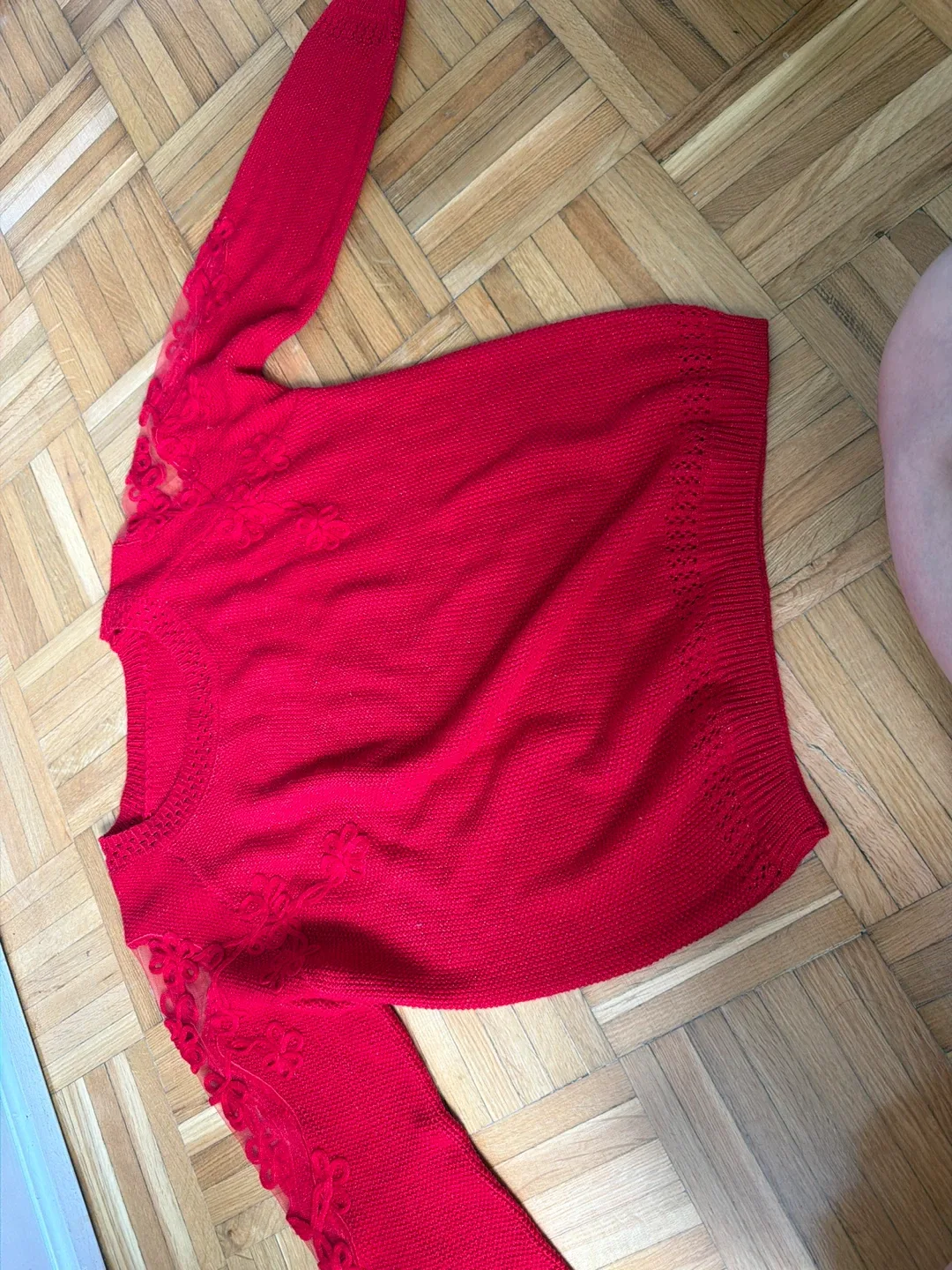 Red Sweater with Lace Detail