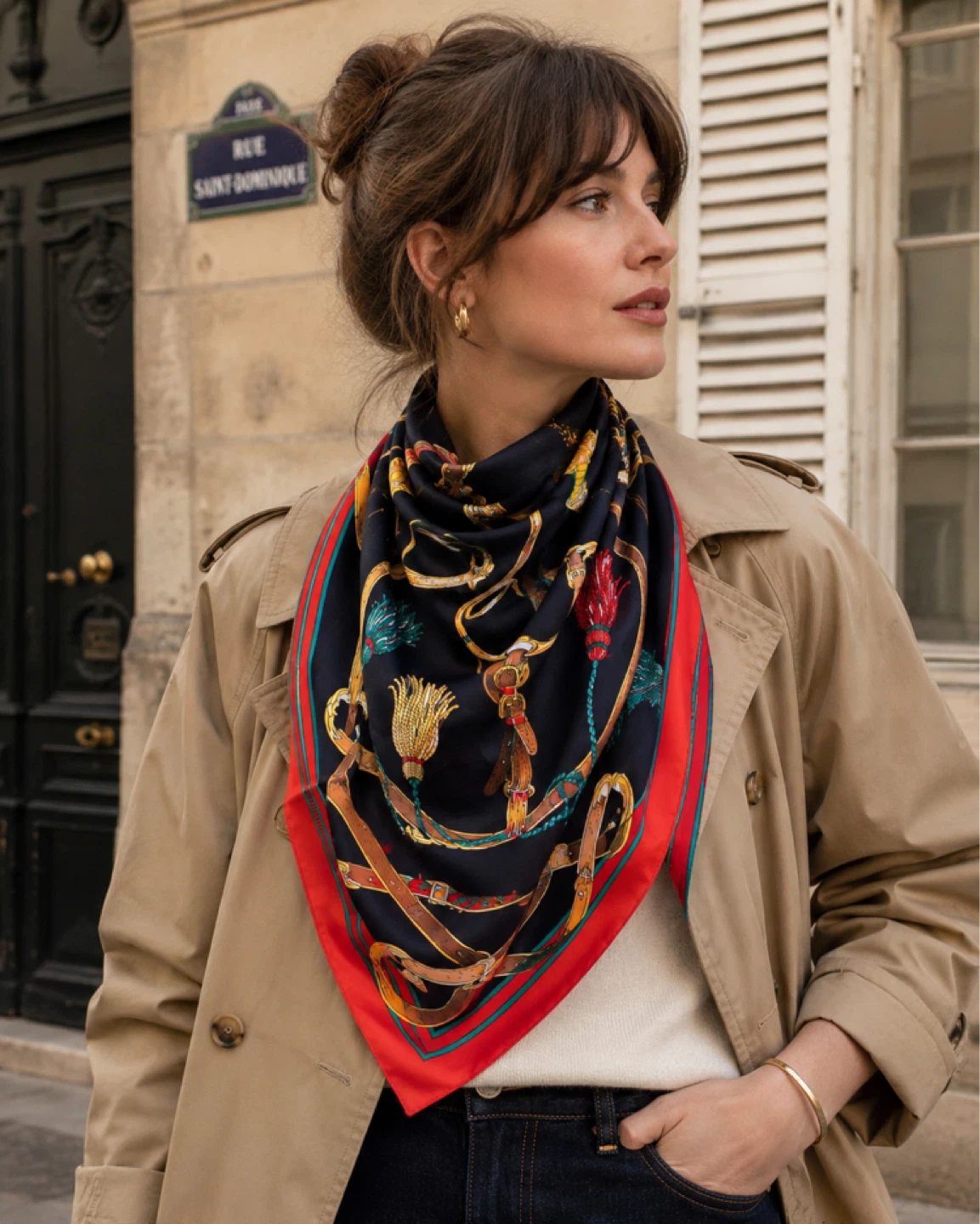 Vintage French Black Scarf with Equestrian Print