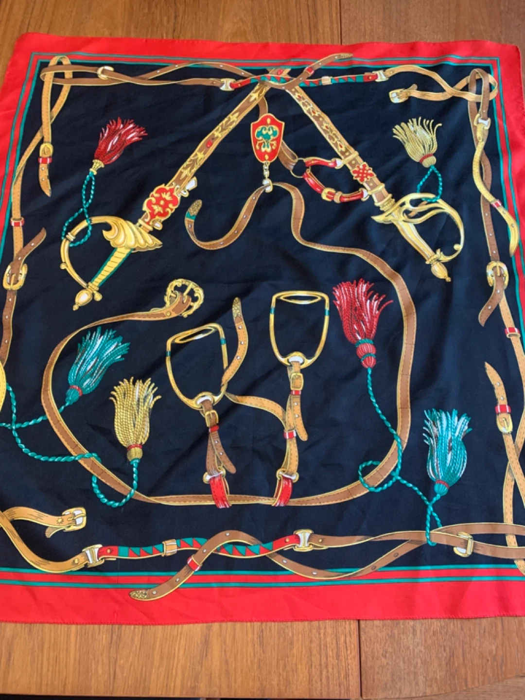 Vintage French Black Scarf with Equestrian Print - photo 2