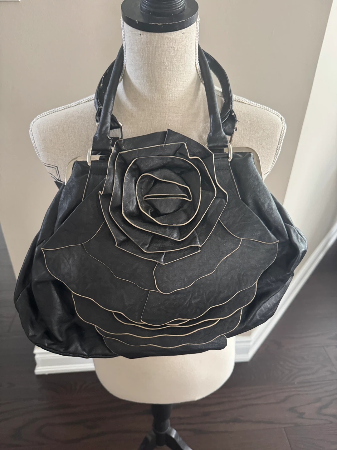 Black Faux Leather Rose Handbag