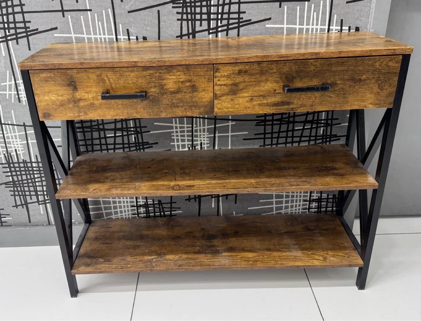 Rustic Wood Console Table with Drawers & Shelves