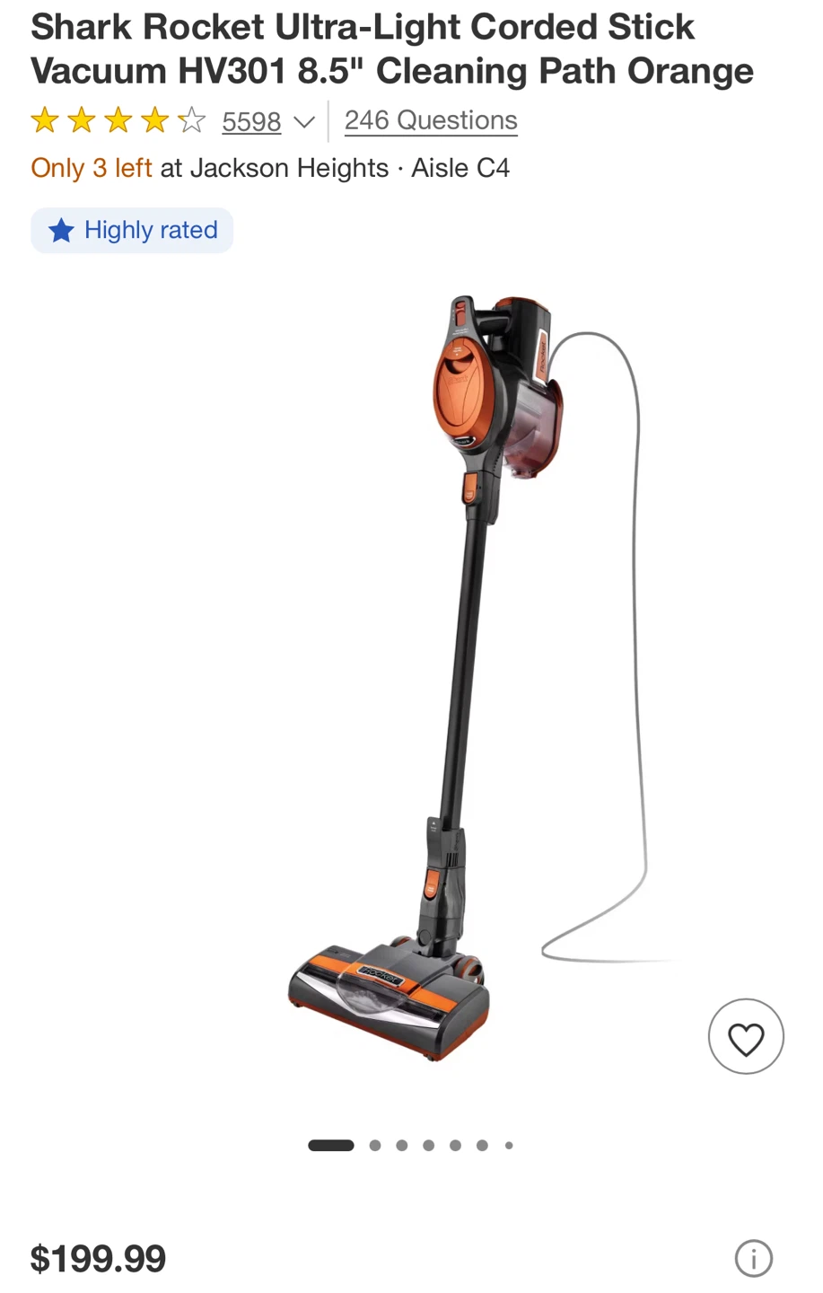 Shark Rocket Ultra-Light Corded Stick Vacuum HV301 8.5" Orange