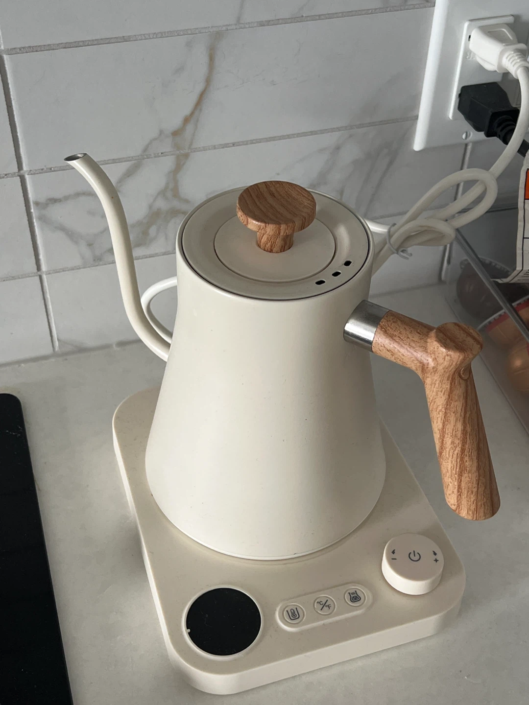 Cream Gooseneck Electric Kettle with Wood Accents