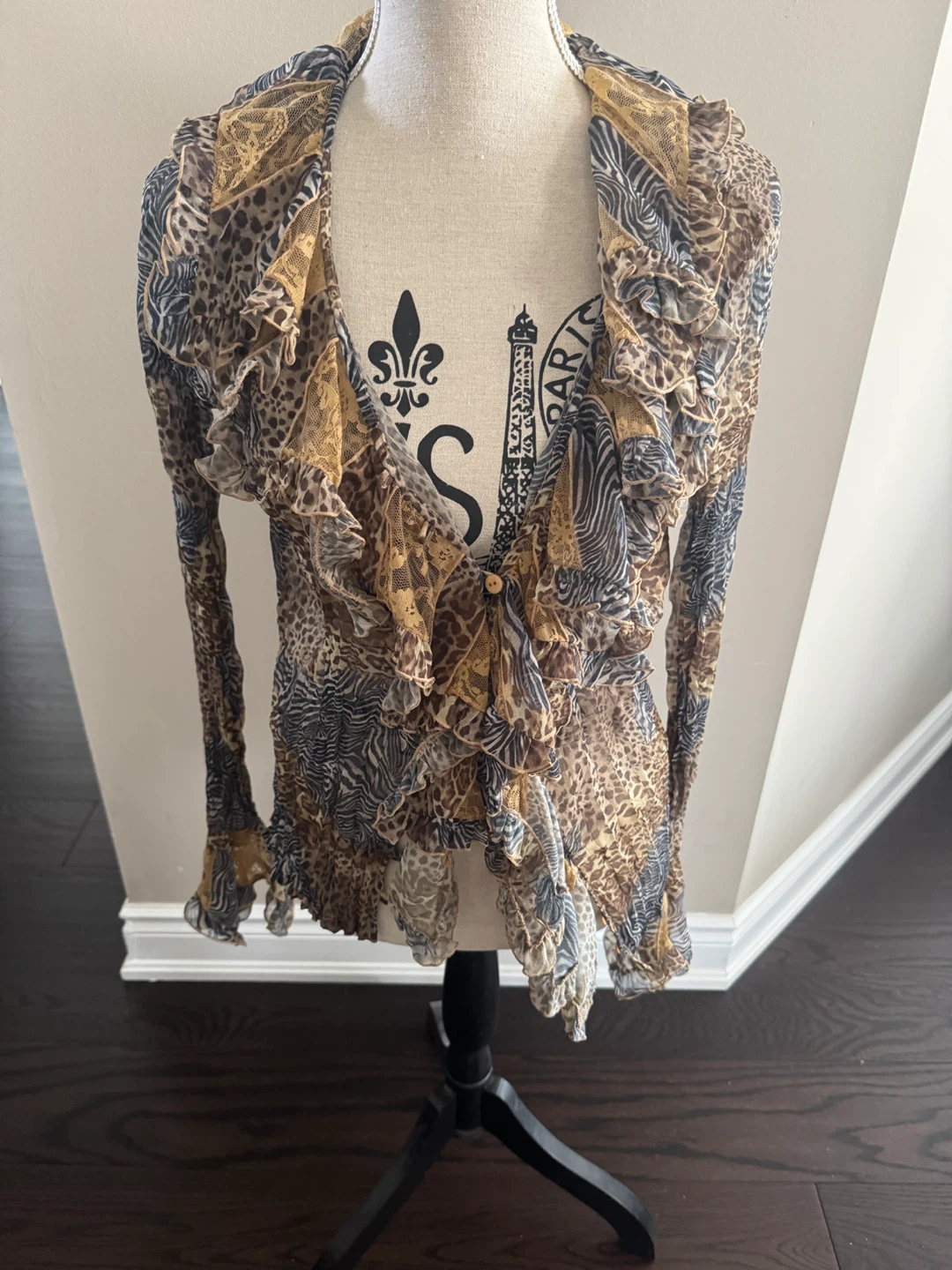 M.K. Solo Sheer Animal Print Ruffle Blouse Size L
