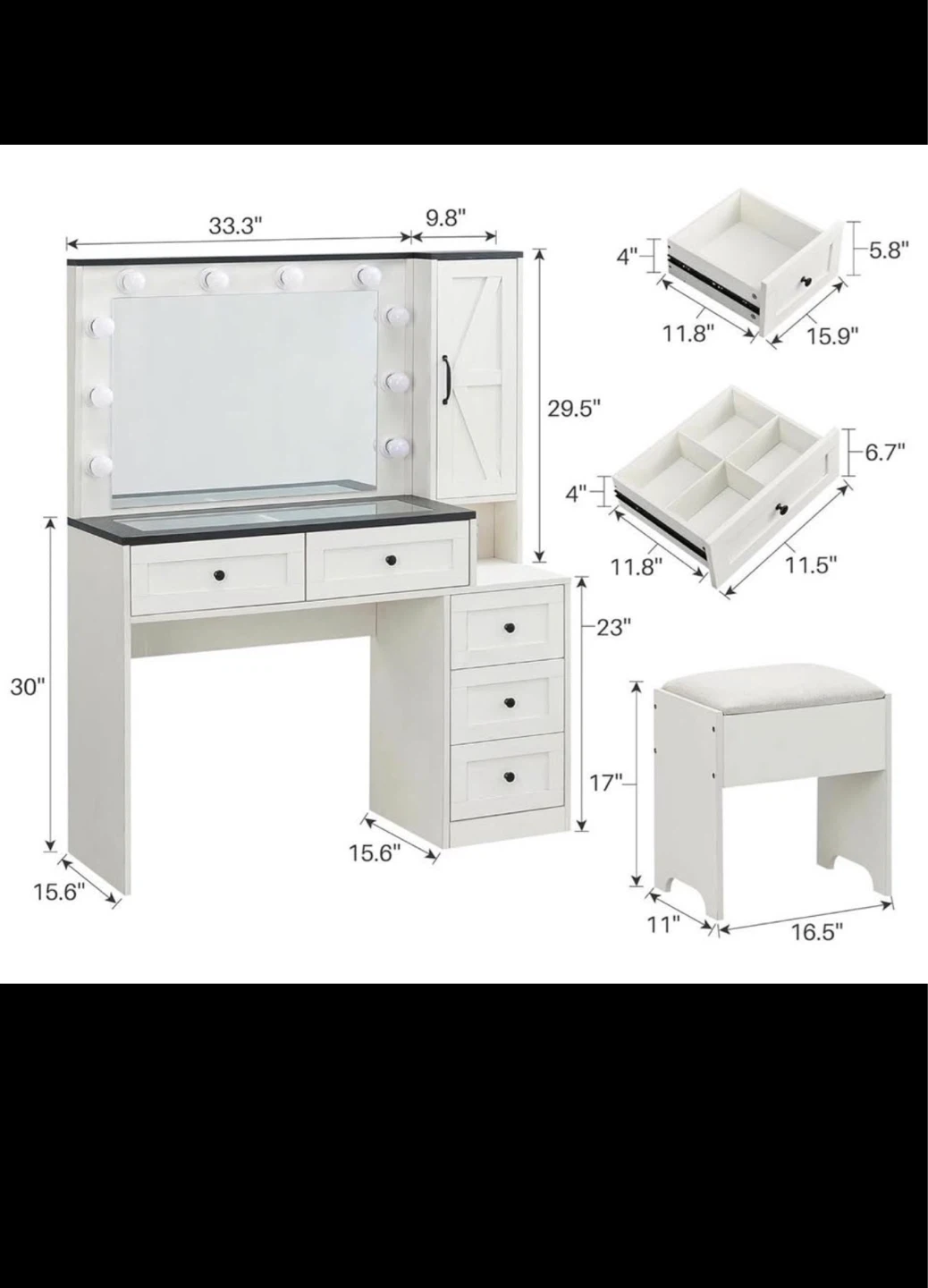 Farmhouse Vanity Table with Lighted Mirror and Stool - photo 2