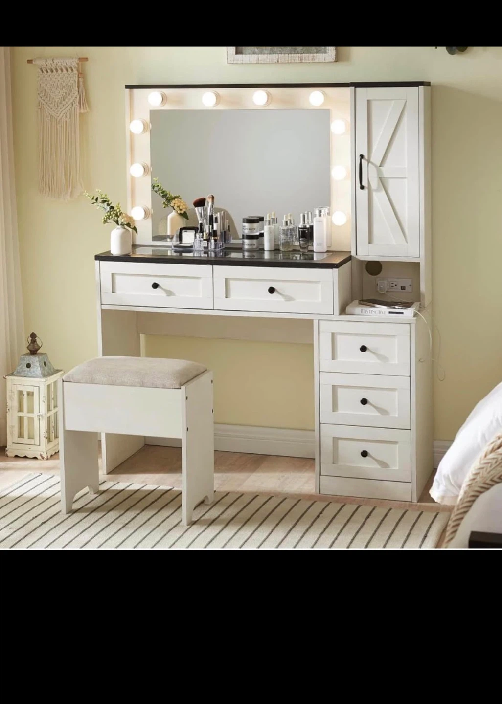 Farmhouse Vanity Table with Lighted Mirror and Stool