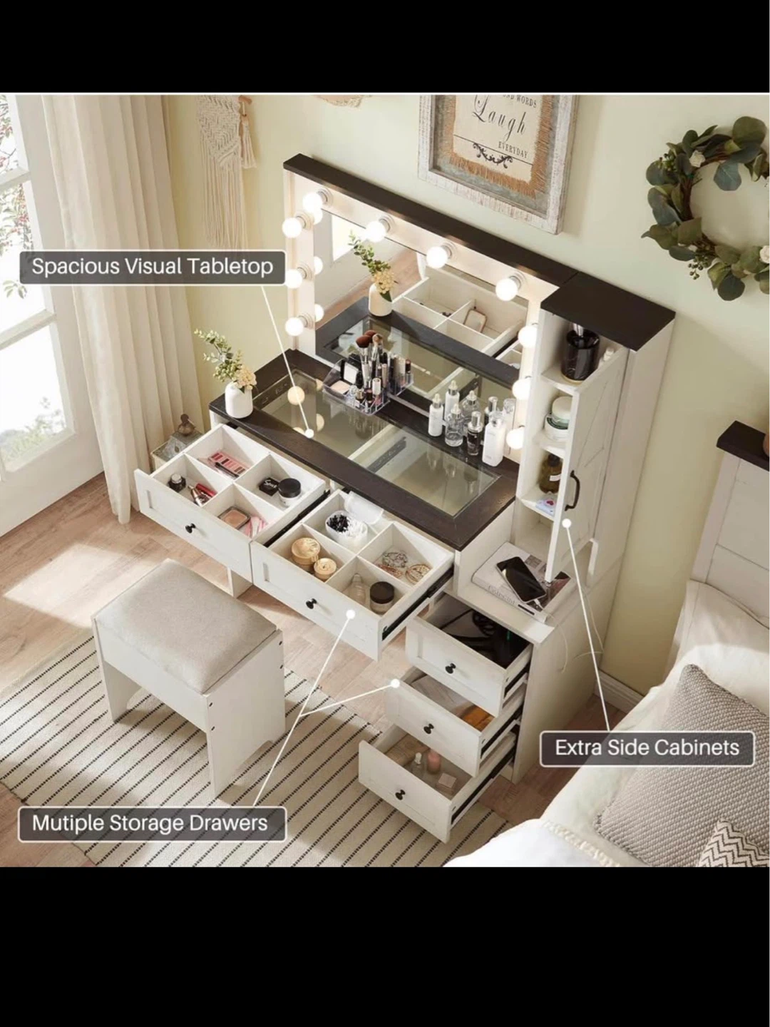 Farmhouse Vanity Table with Lighted Mirror and Stool - photo 5
