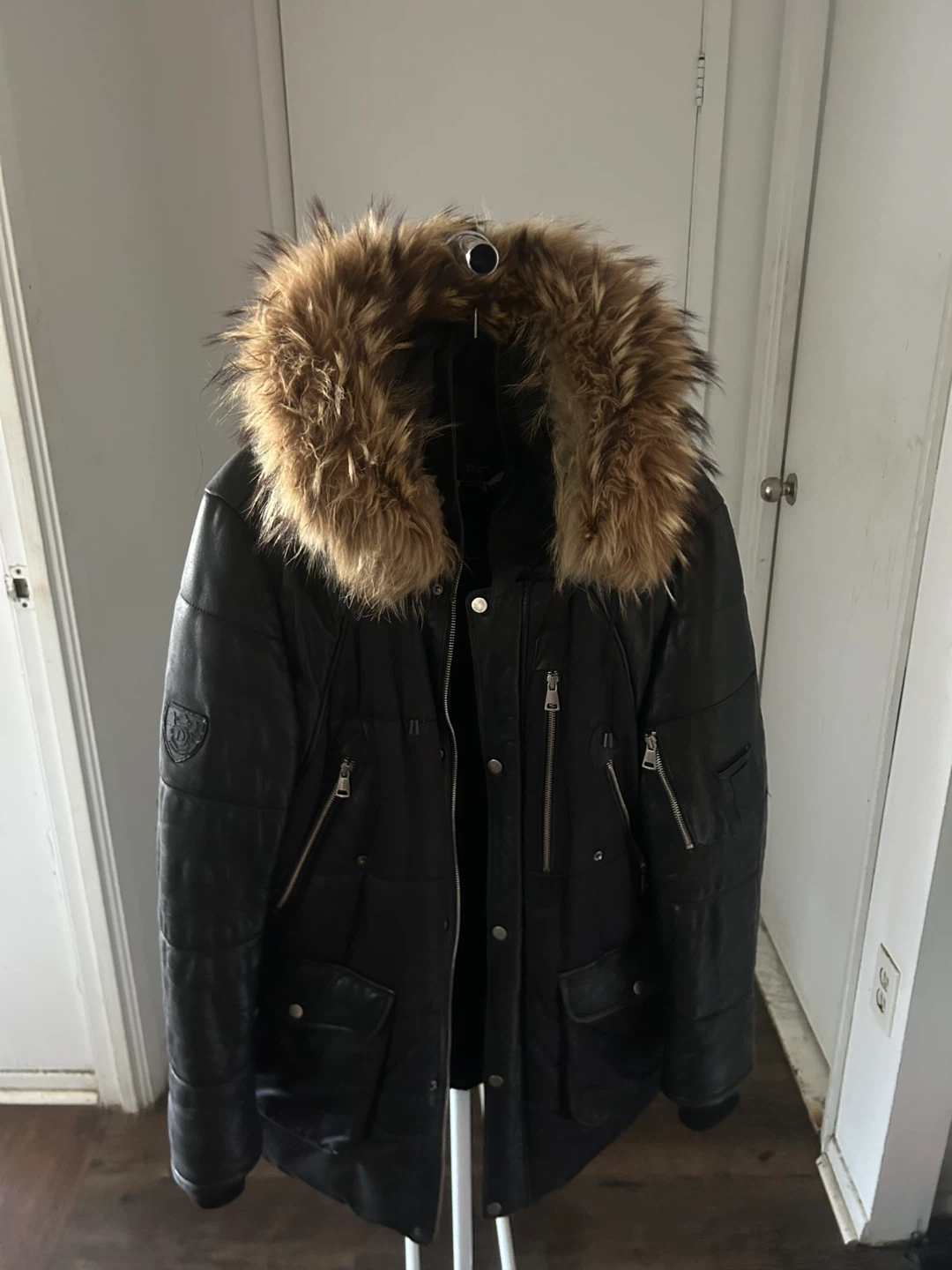 Black Leather Parka with Fur Hood