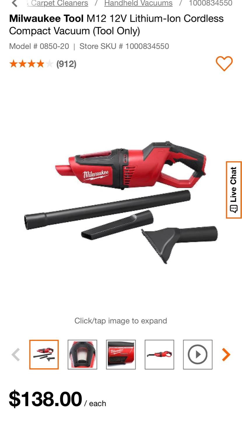 Milwaukee Tool M12 12V Cordless Compact Vacuum (Tool Only)