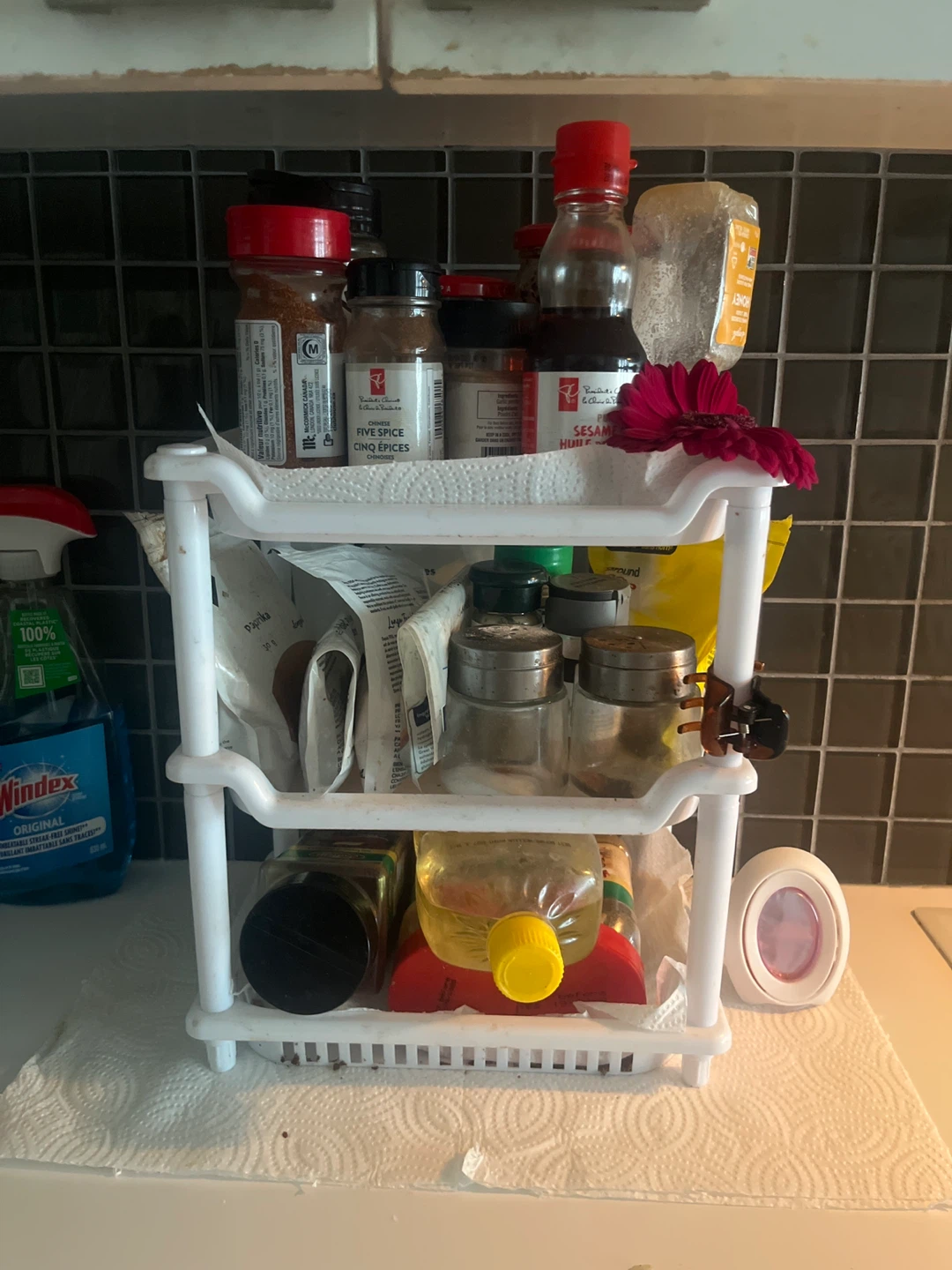 White 3-Tier Spice Rack with Assorted Condiments