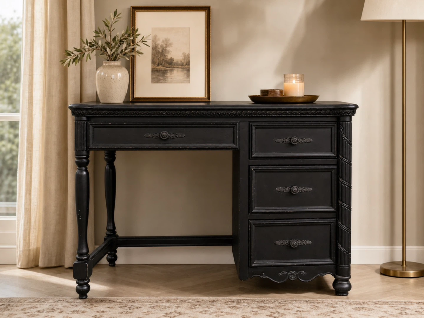 Black Vintage  Desk with Drawers