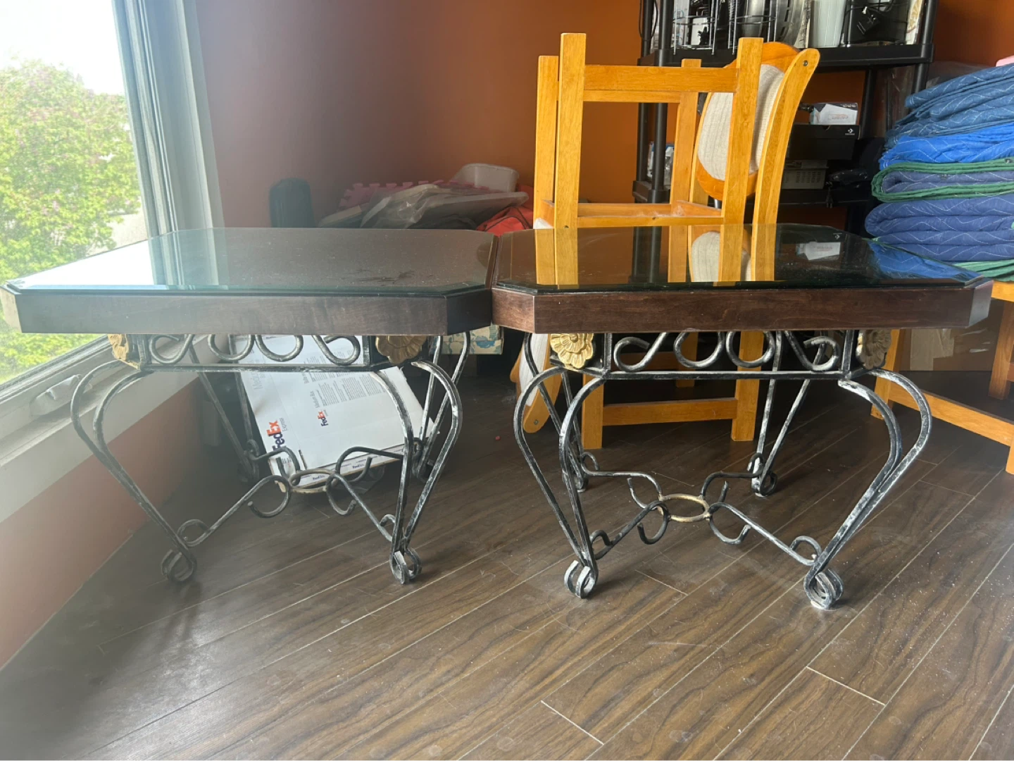 Set of 2 Ornate Metal Side Tables with Glass Tops