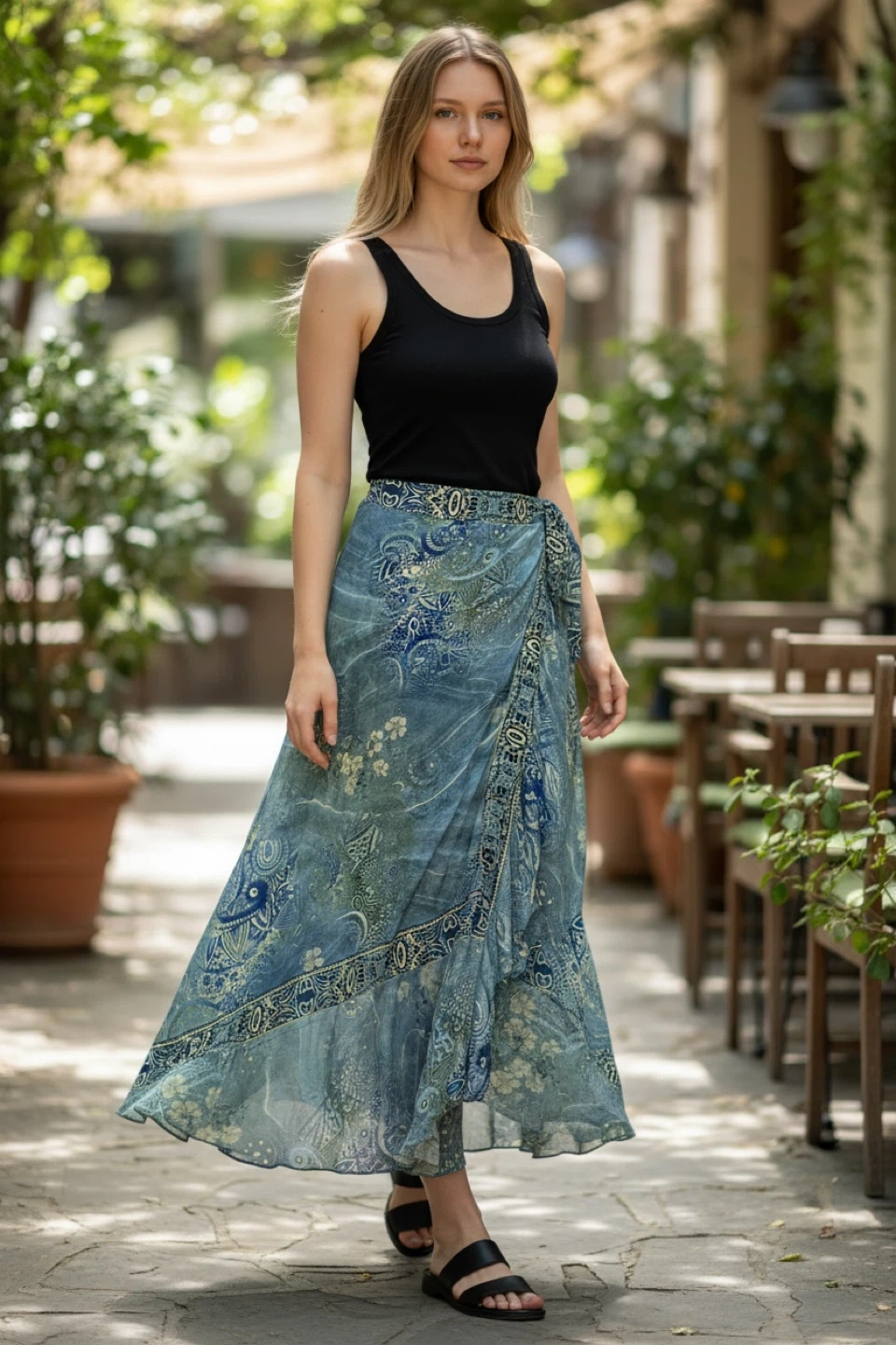 Blue Bohemian Print silk Wrap Skirt - One Size