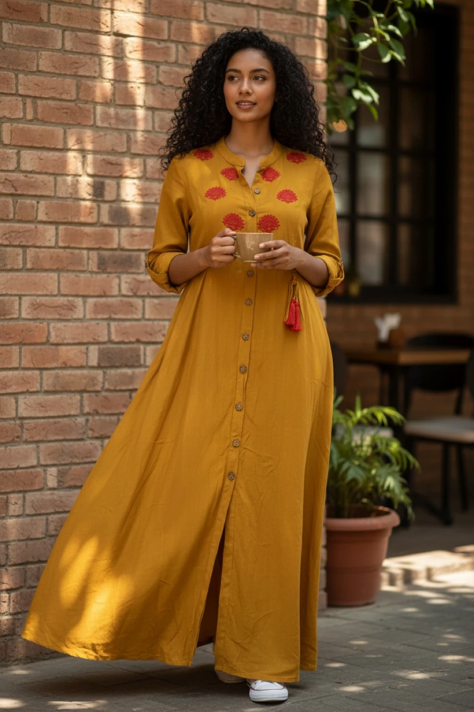 Saachi Yellow Kurti with Red Embroidery