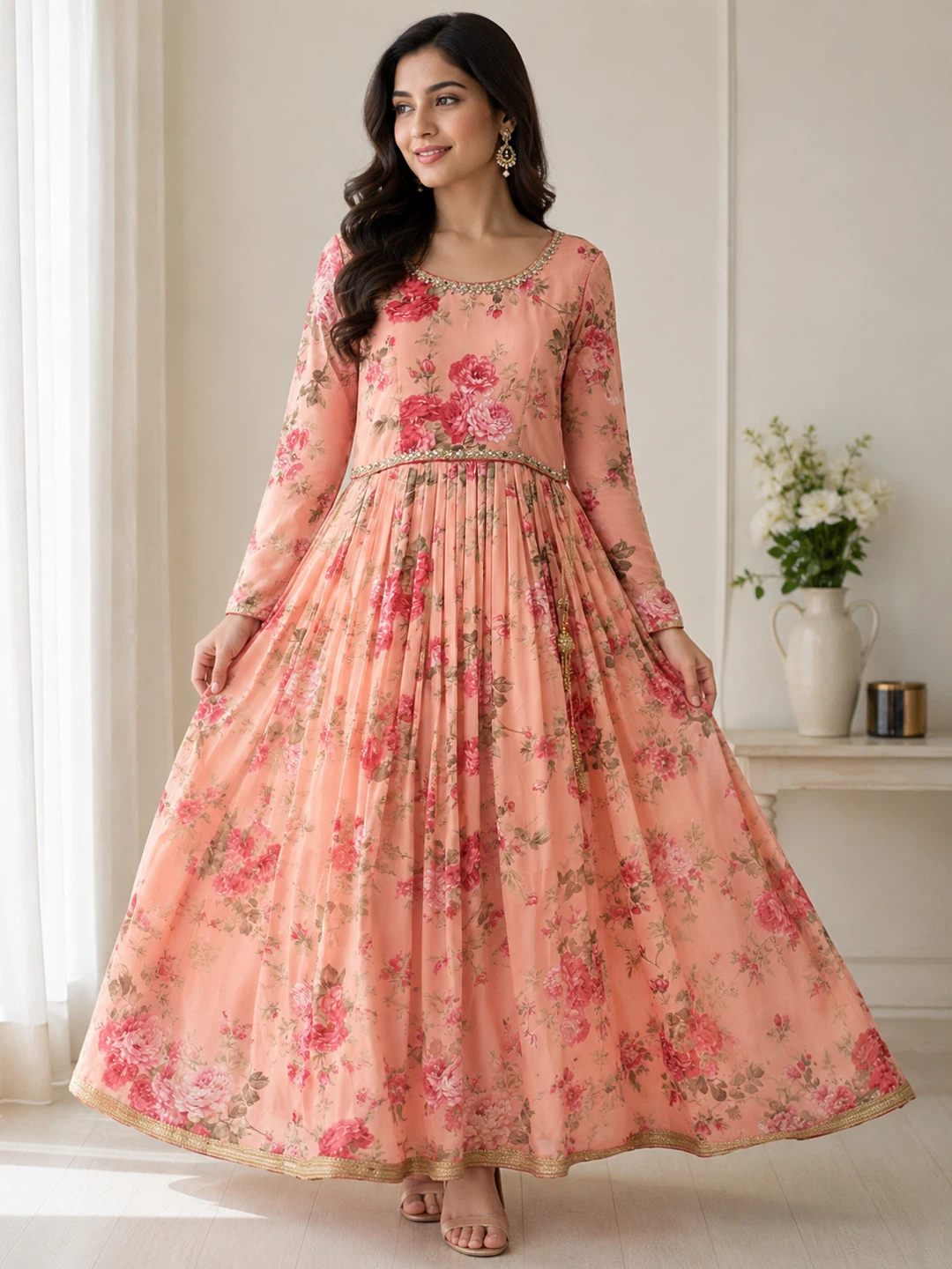Peach Floral Print Anarkali Dress