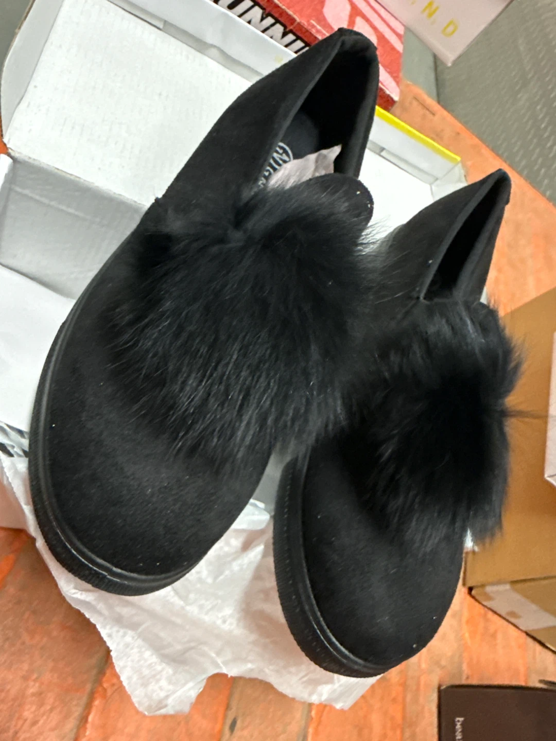 Black Fur Pom Pom Slip-On Loafer Shoes - Size 9 - photo 2