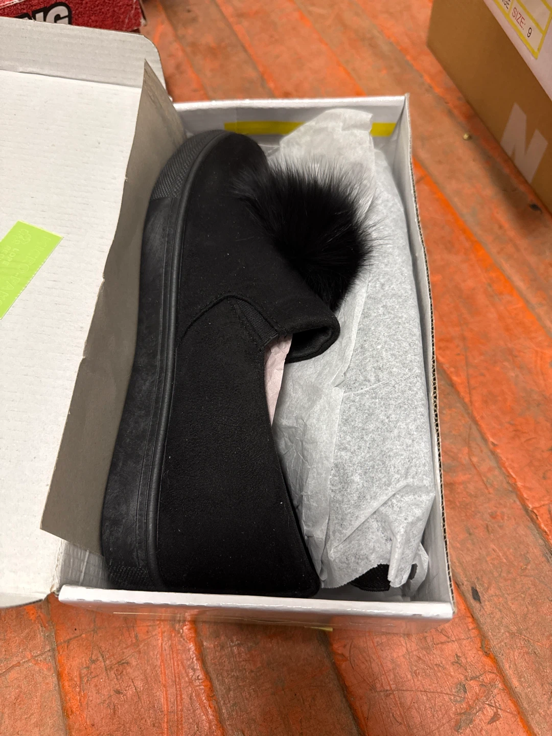 Black Fur Pom Pom Slip-On Loafer Shoes - Size 9