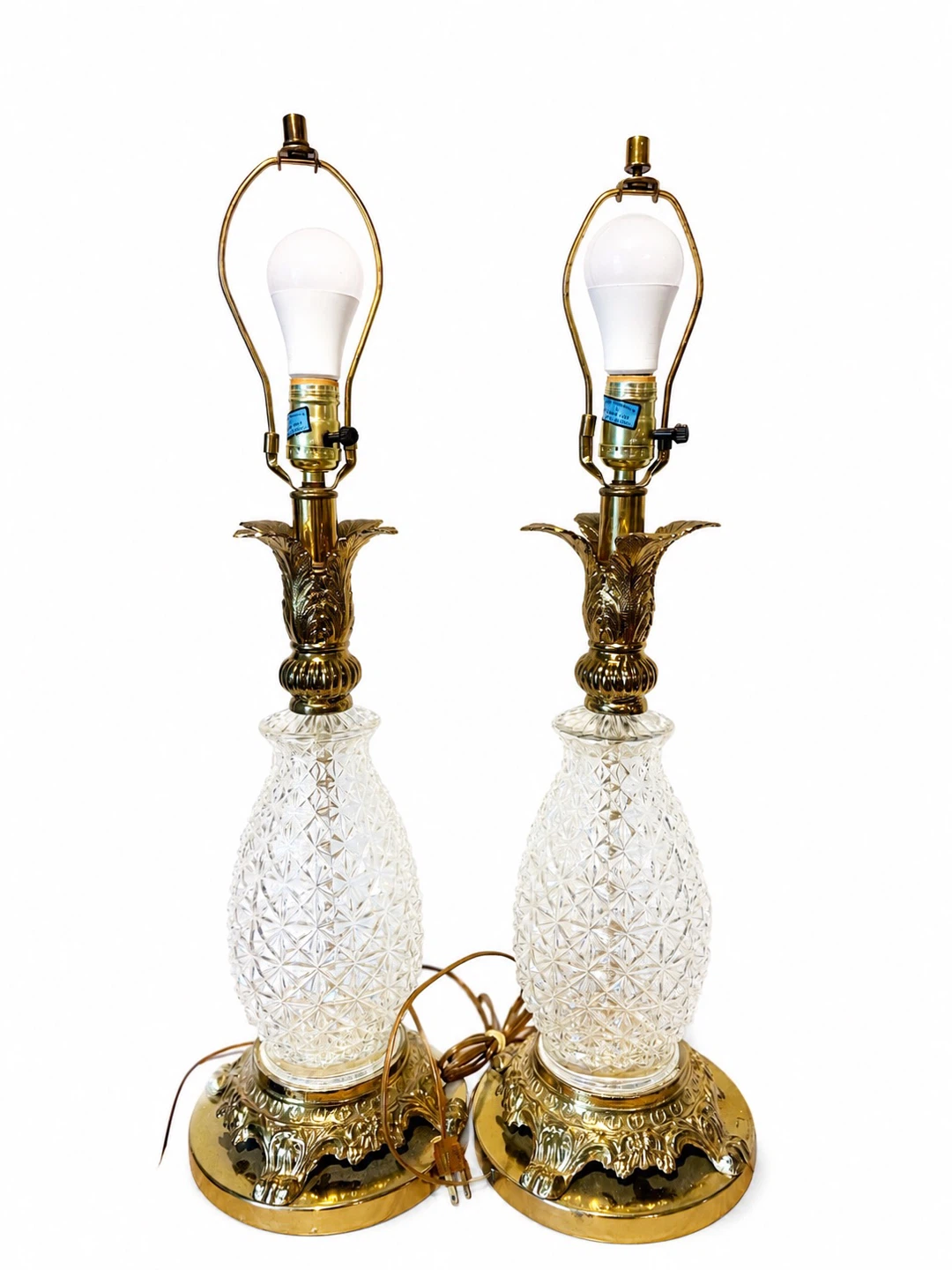 Vintage Glass and Brass pineapple crystal Table Lamps - Pair