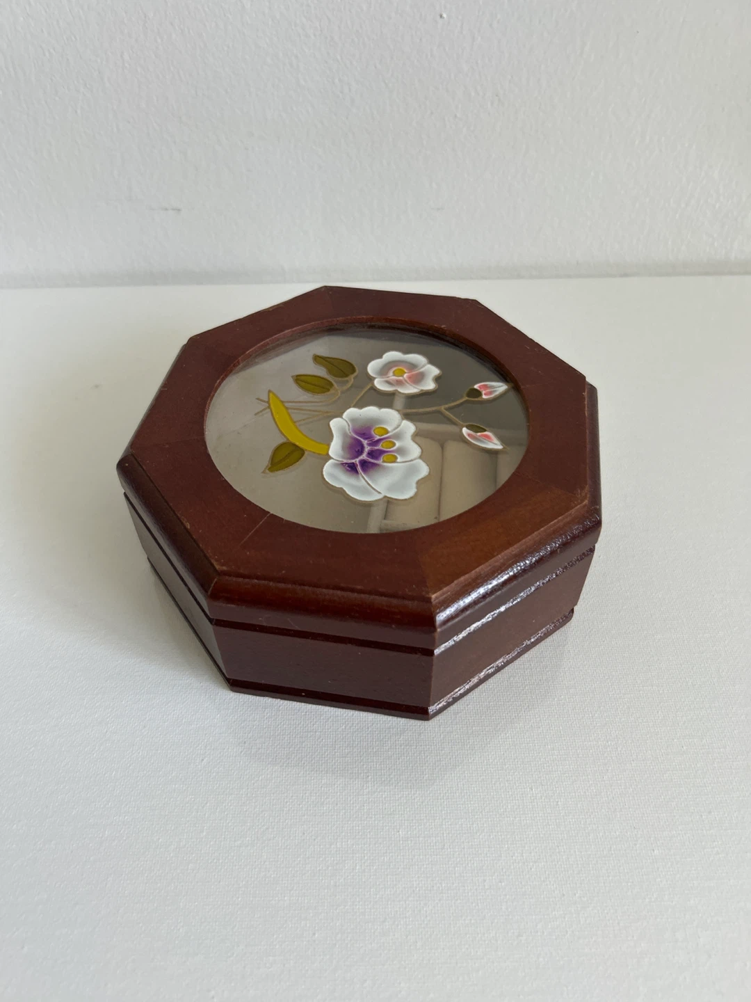 Wooden Octagonal Jewelry Box with Floral Design