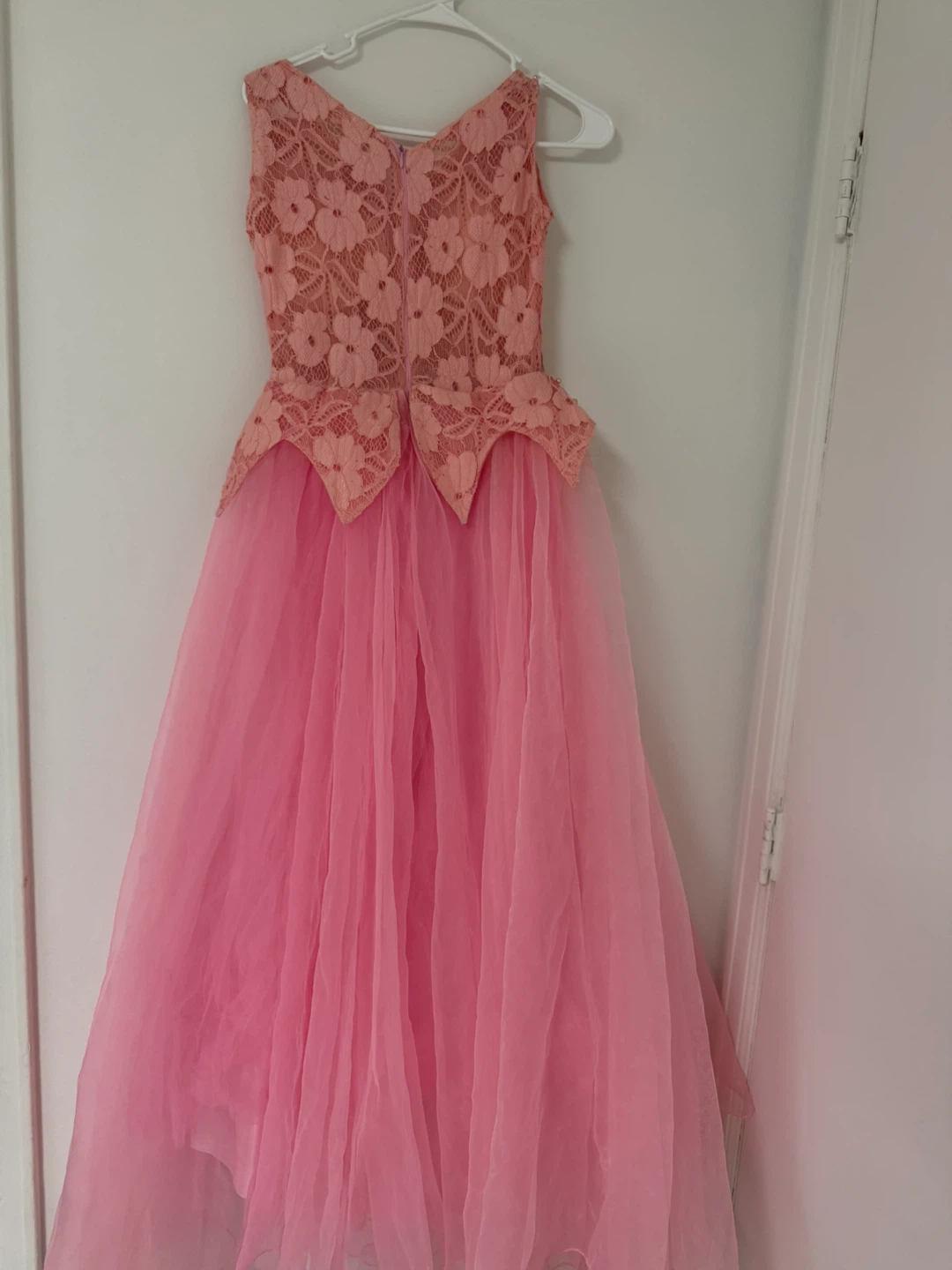 Pink Lace and Tulle Gown with Pearl Embellishments